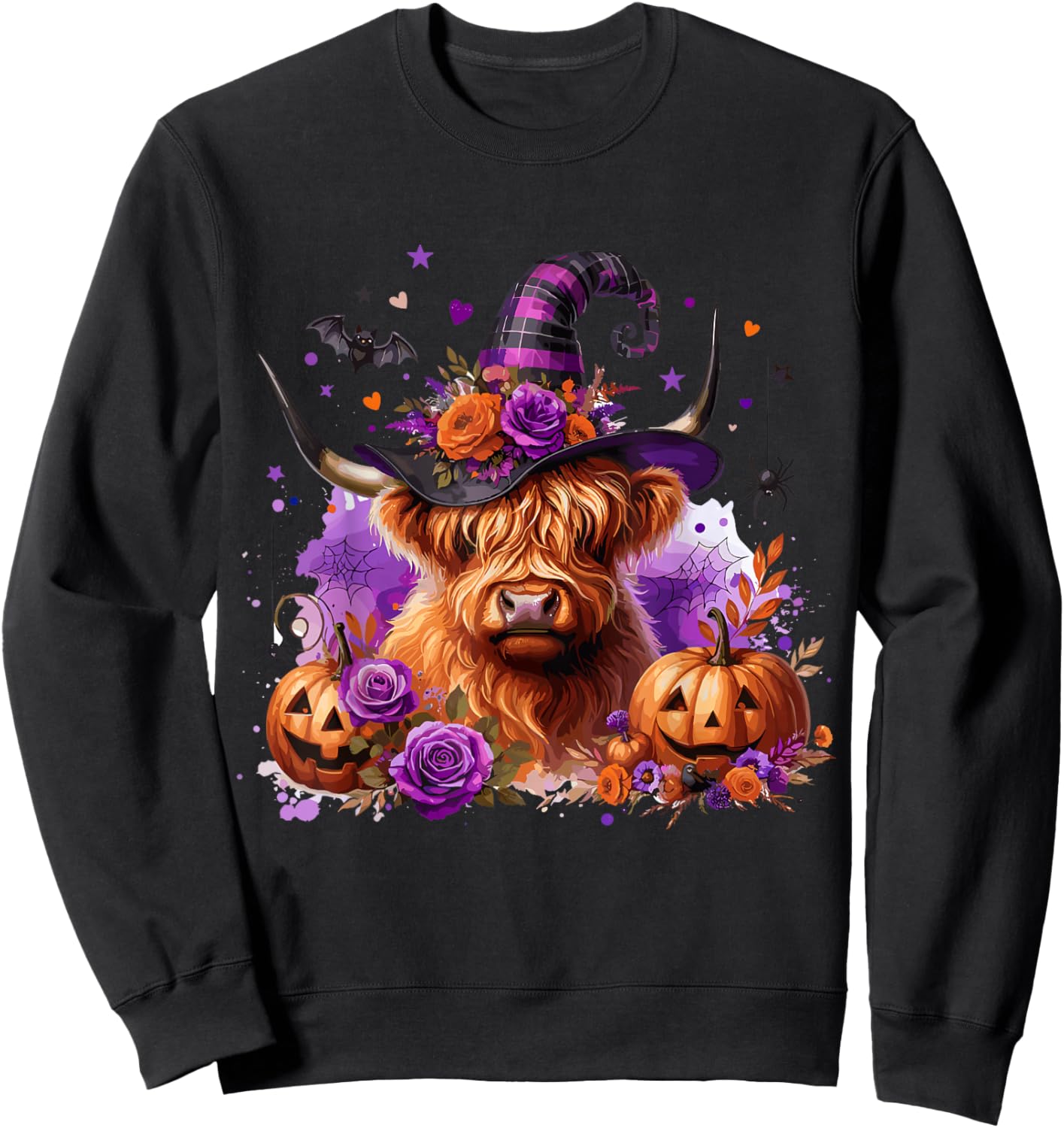 Halloween Highland Cow Pumpkin Witchy Bat Sweatshirt - Sweatshirt | Black