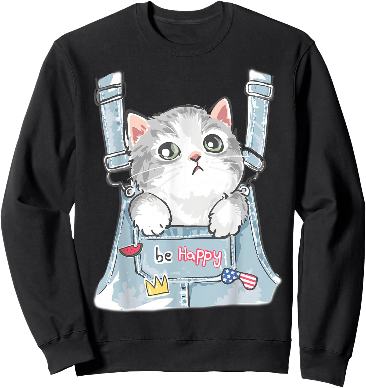Cute Cat Fake Overalls Cat Lovers Kids Toddler Girl Teen Sweatshirt - Sweatshirt | Black