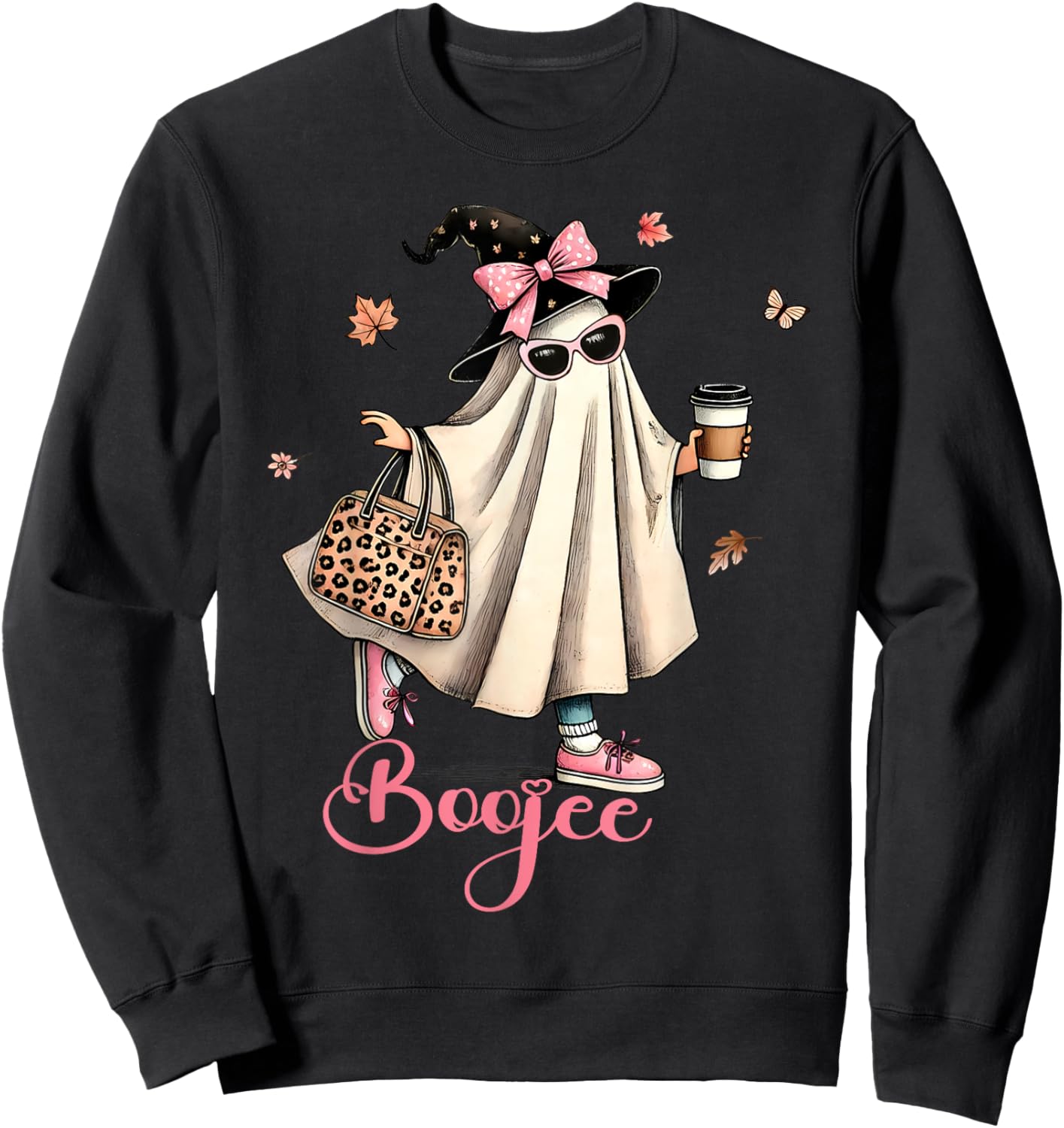 Boo Jee Ghost Drinking Coffee Coquette Bow Halloween Women Sweatshirt - Sweatshirt | Black