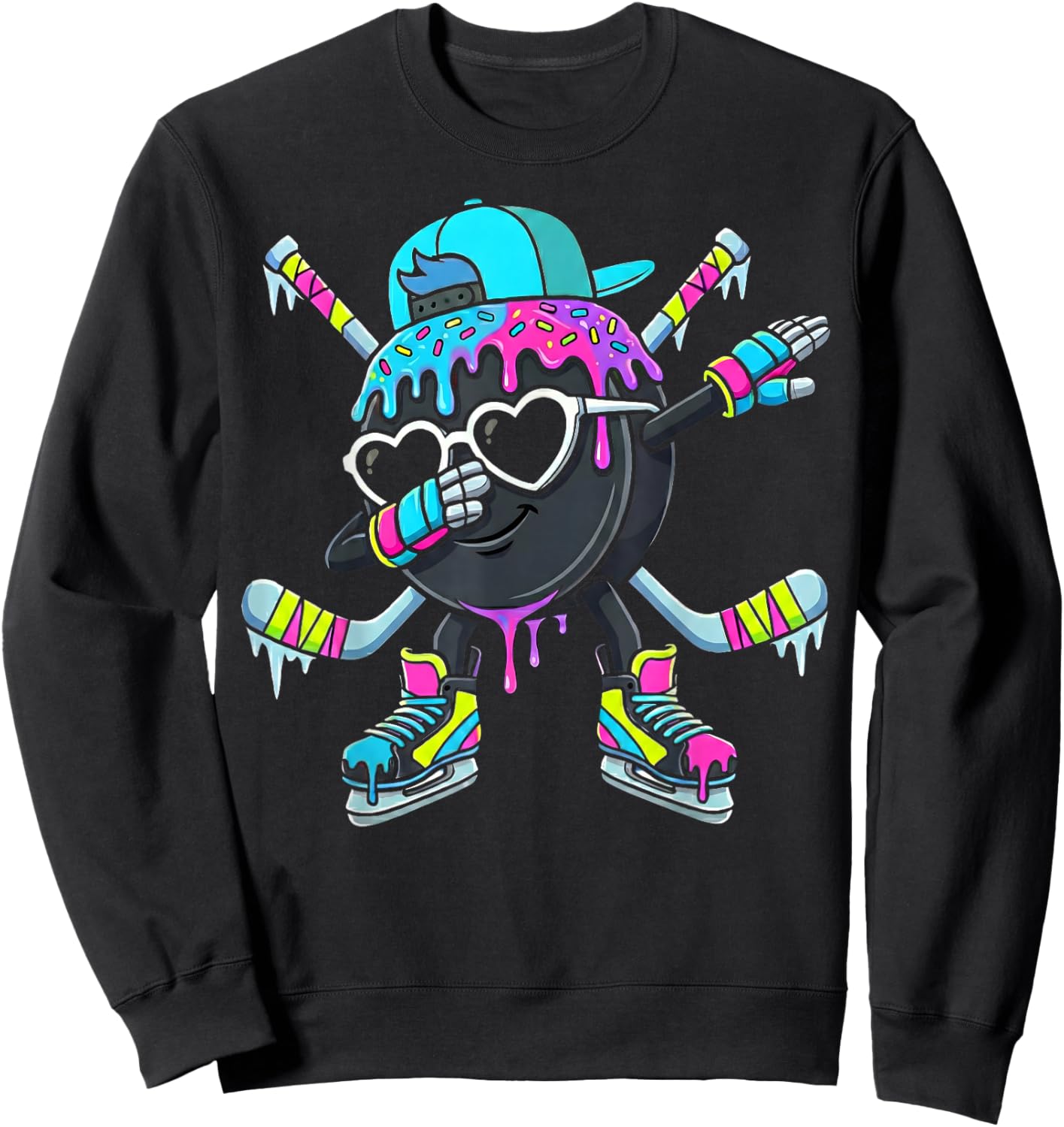 Hockey Ice Cream Drip Dabbing Puck Stakes Sprinkles for Boys Sweatshirt - Sweatshirt | Black