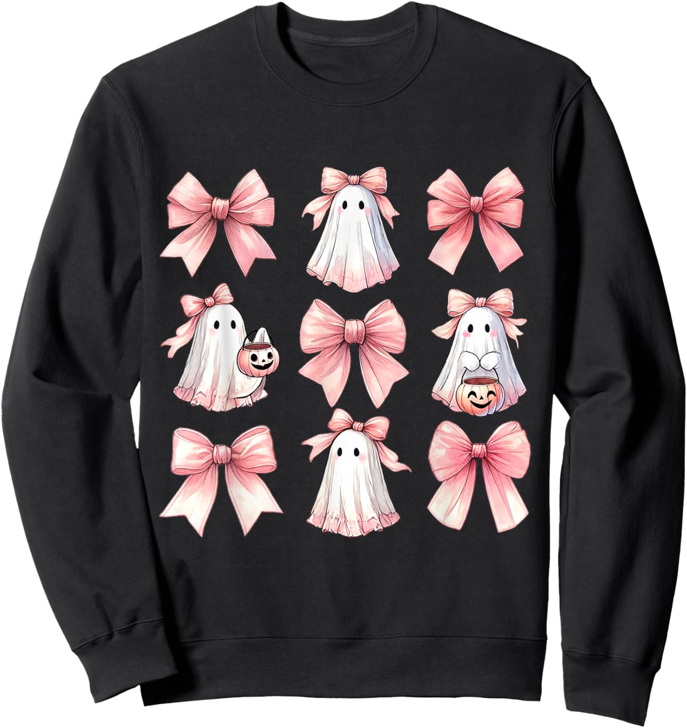 Cute Ghost Florals Pink Coquette Bows Pumpkins Halloween Sweatshirt - Sweatshirt | Black