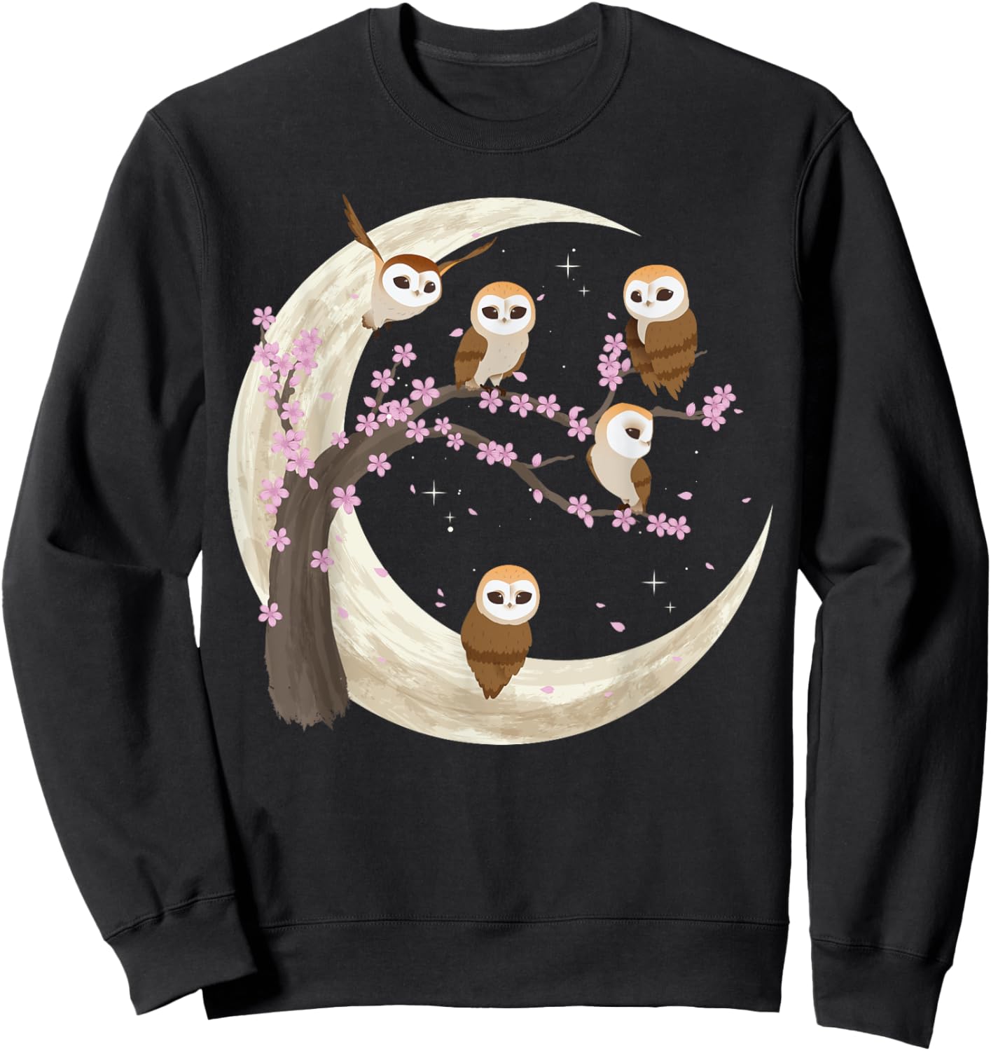 Owls Moon Shirt Japanese Sakura Cherry Blossom Owls Night Sweatshirt - Sweatshirt | Black