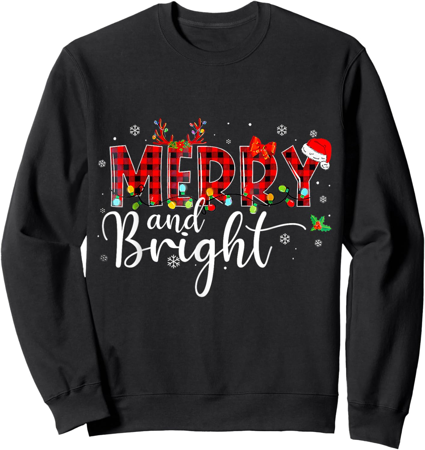 Merry and Bright Buffalo Plaid Red Santa Hat Xmas Pajamas Sweatshirt - Sweatshirt | Black