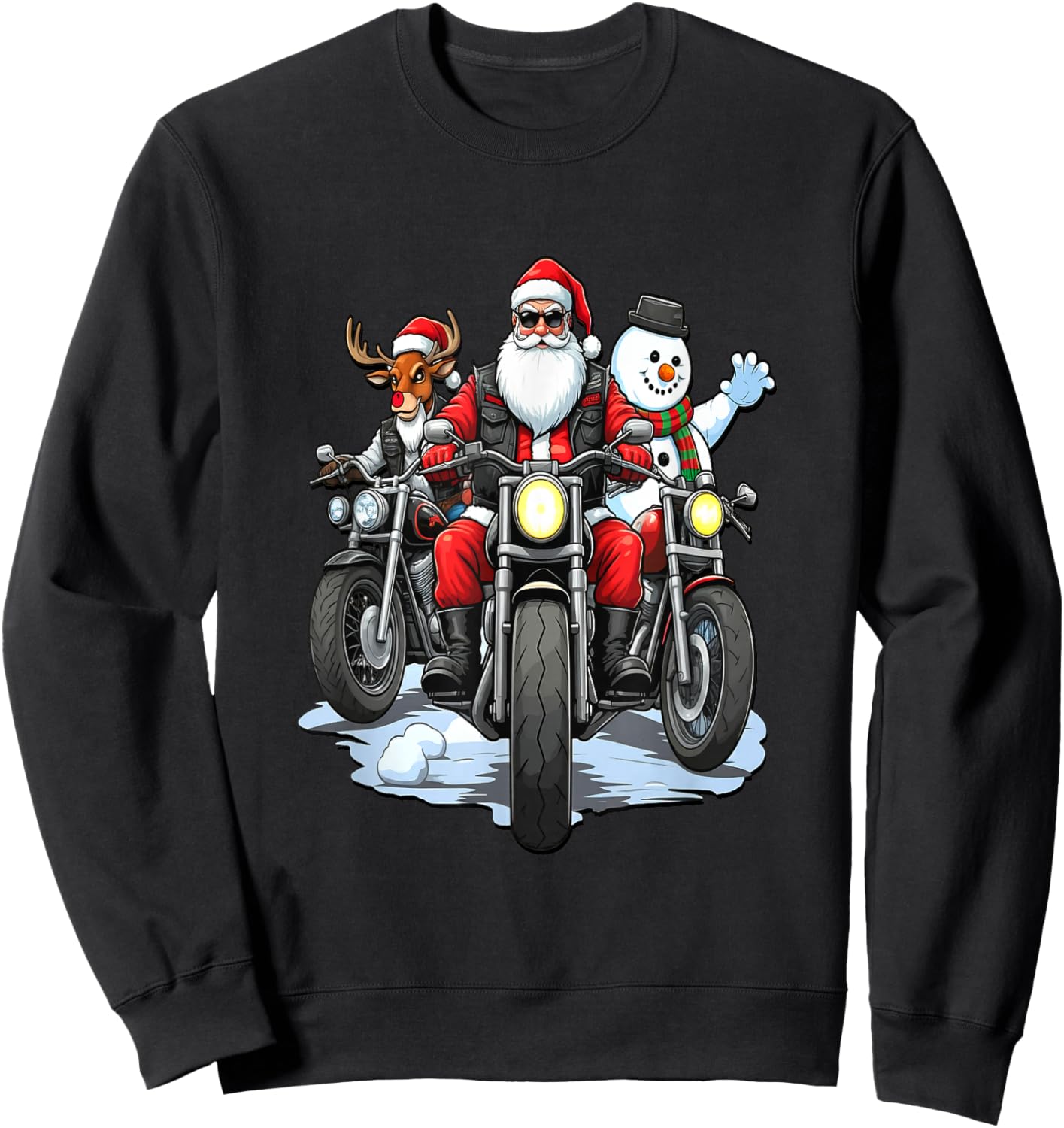 Santa, Reindeer & Snowman Bikers on Motorcycles Sweatshirt - Sweatshirt | Black