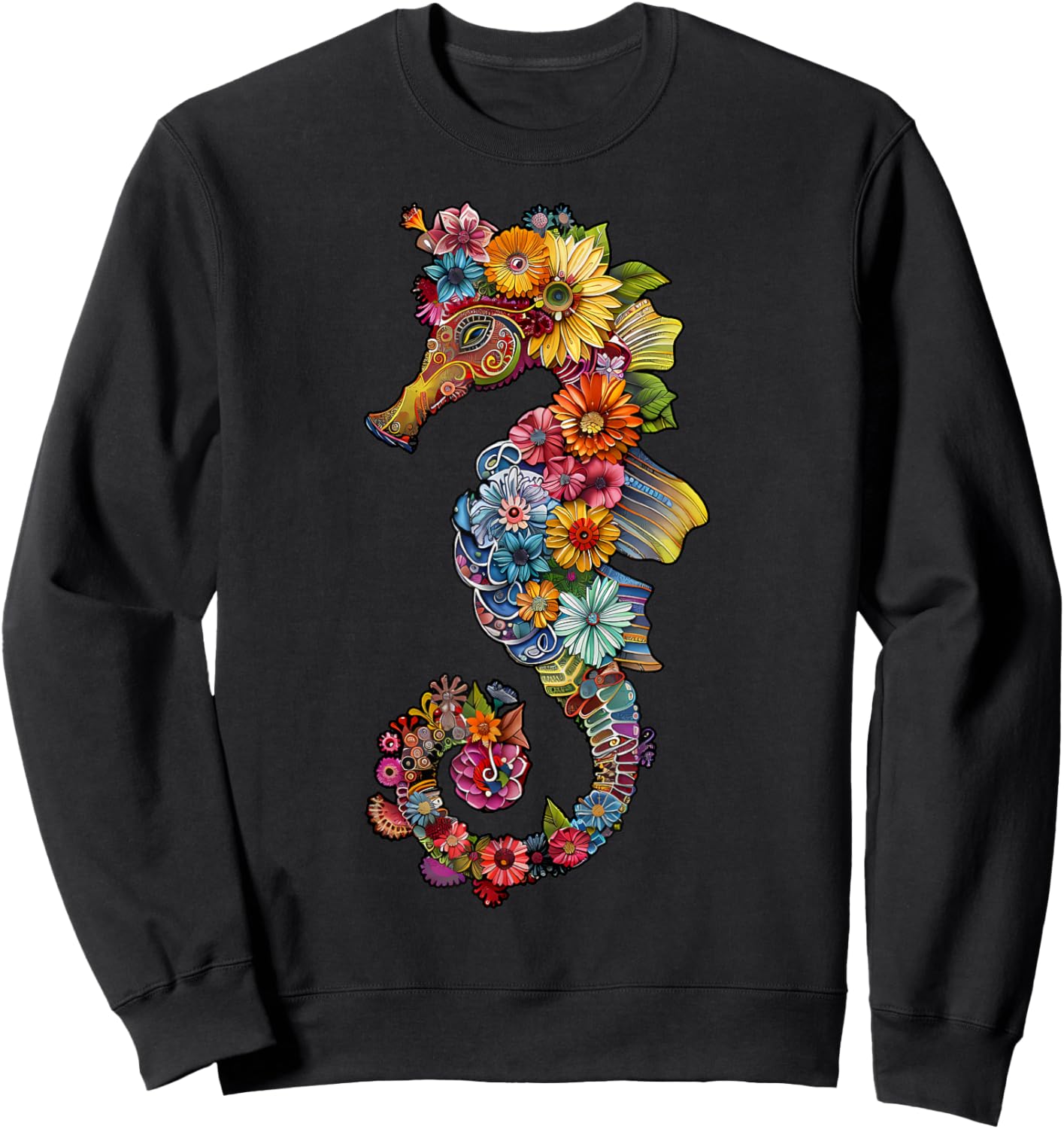 Floral Seahorse Ocean Animal Marine Beach Seahorse Flowers Sweatshirt - Sweatshirt | Black