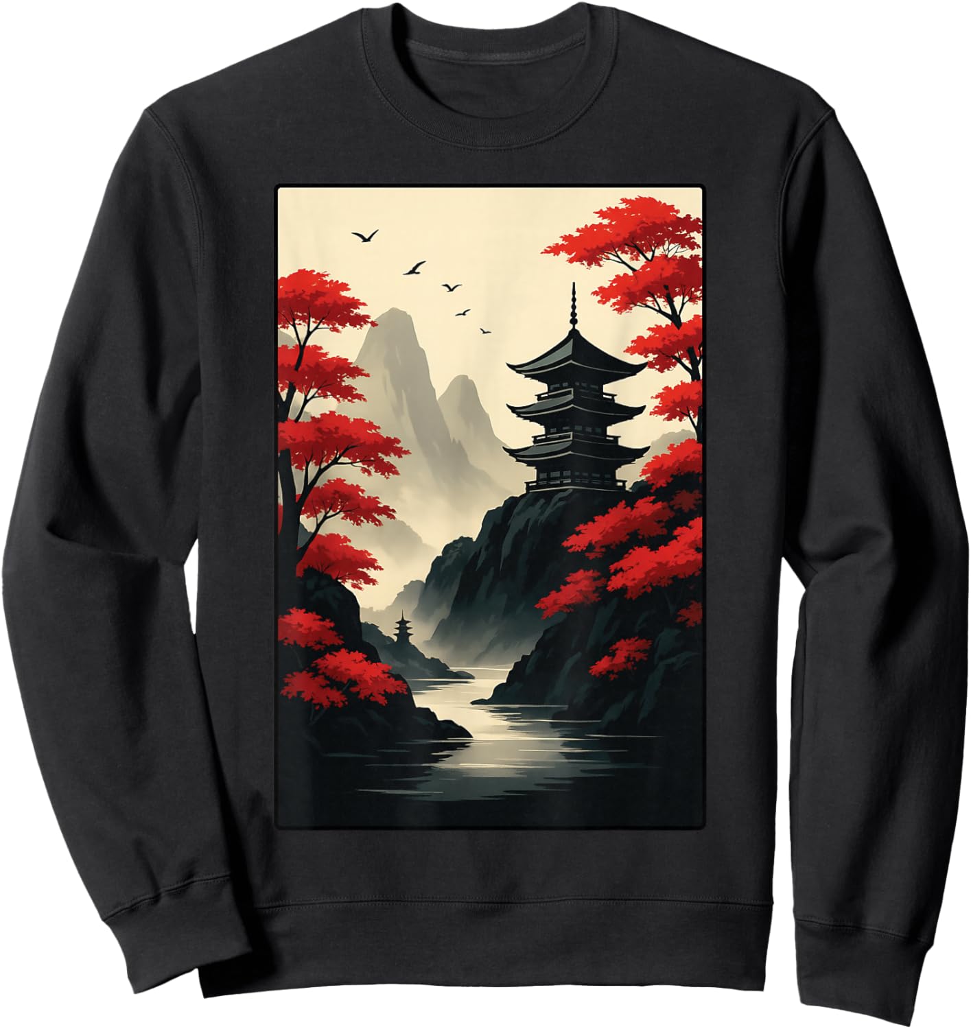 Cool Japanese Pagoda Castle Mountain Landscape Graphic Art Sweatshirt - Sweatshirt | Black