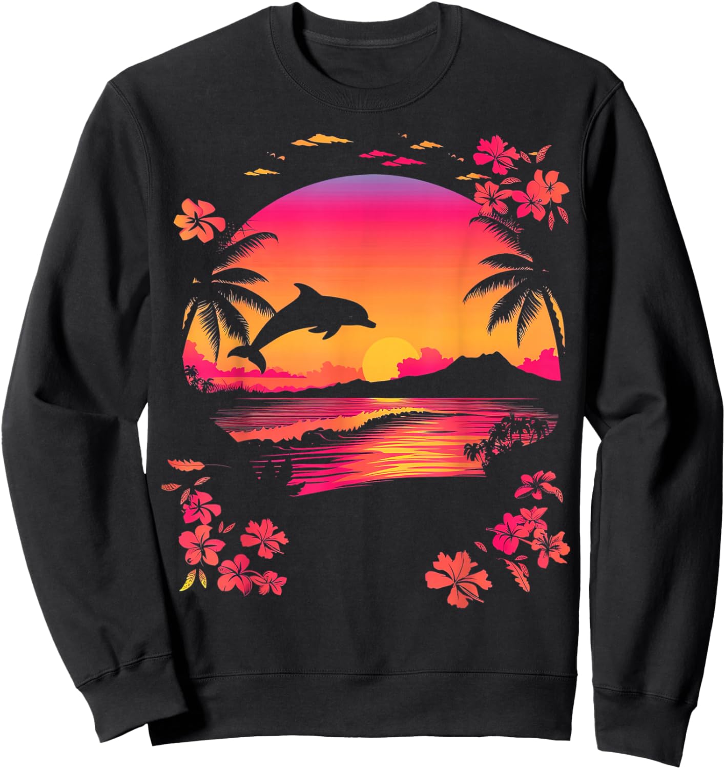 Tropical Sunset Dolphin Pink Beach Scene Sweatshirt - Sweatshirt | Black