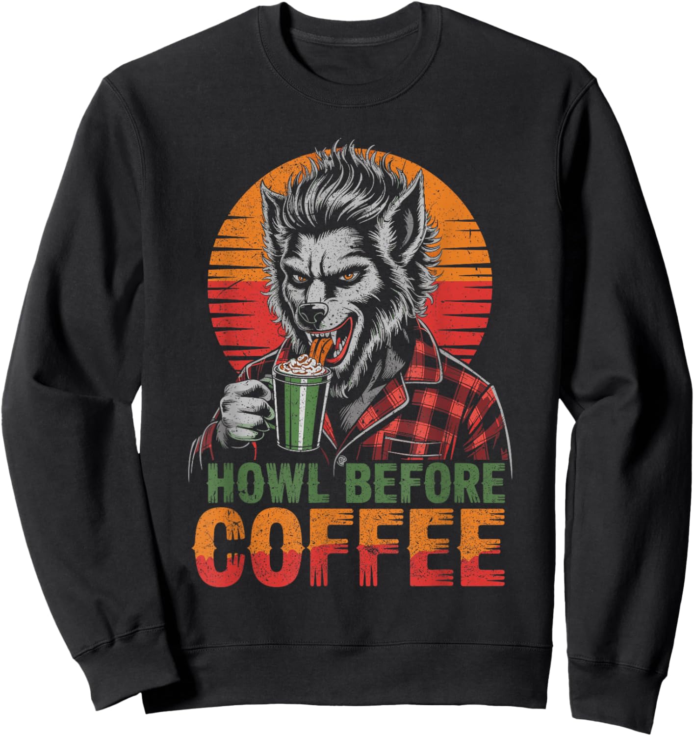 Werewolf Drinking Coffee with Sunset Scary Halloween Sweatshirt - Sweatshirt | Black