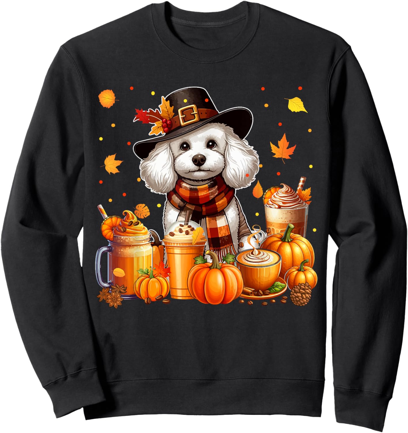 Poodle Thanksgiving Drinks Coffee Fall Leaves Pumpkins Sweatshirt - Sweatshirt | Black