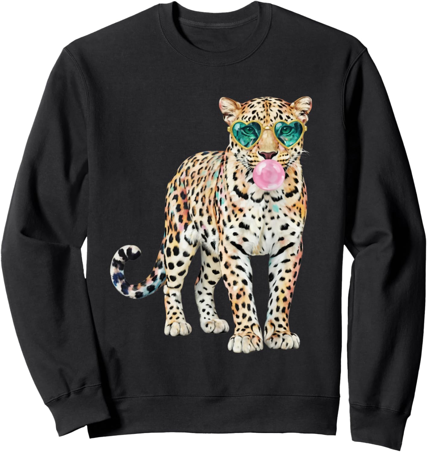 Stylish Leopard Heart Glasses Bubble Gum Art Sweatshirt - Sweatshirt | Black