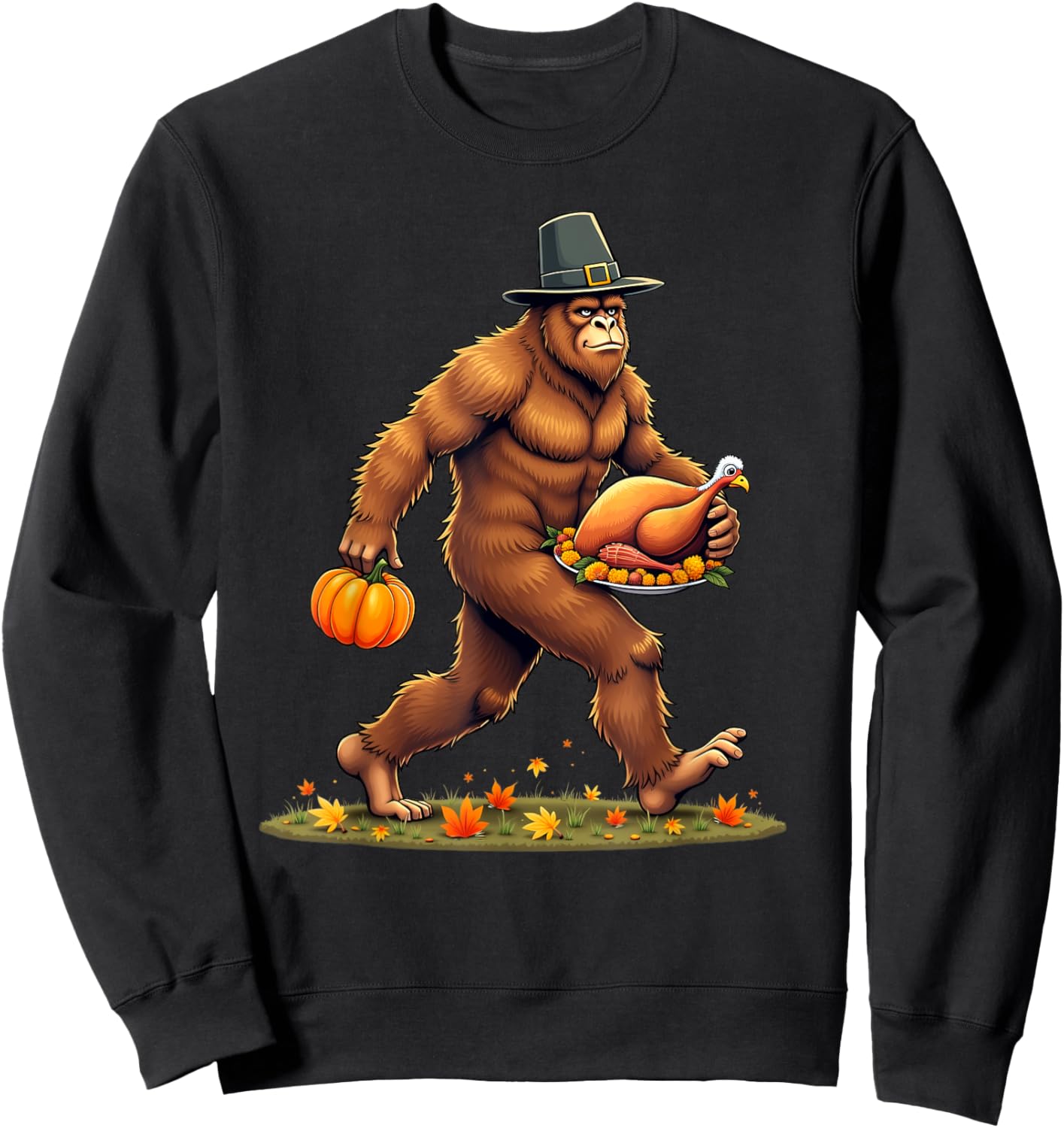 Funny Bigfoot Thanksgiving Day Pilgrim Turkey Pumpkin Sweatshirt - Sweatshirt | Black