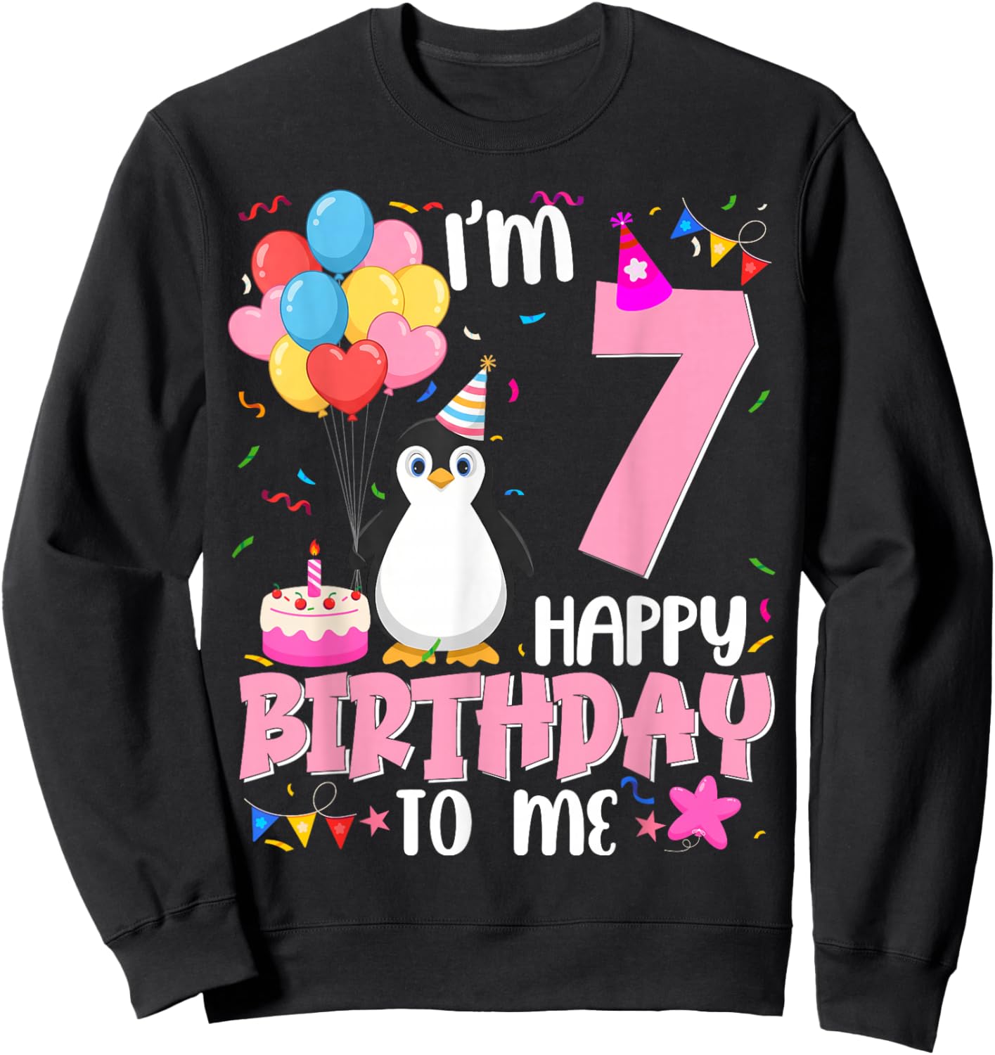 Penguin Birthday 7 Years Old Girl 7th Birthday Party Sweatshirt - Sweatshirt | Black