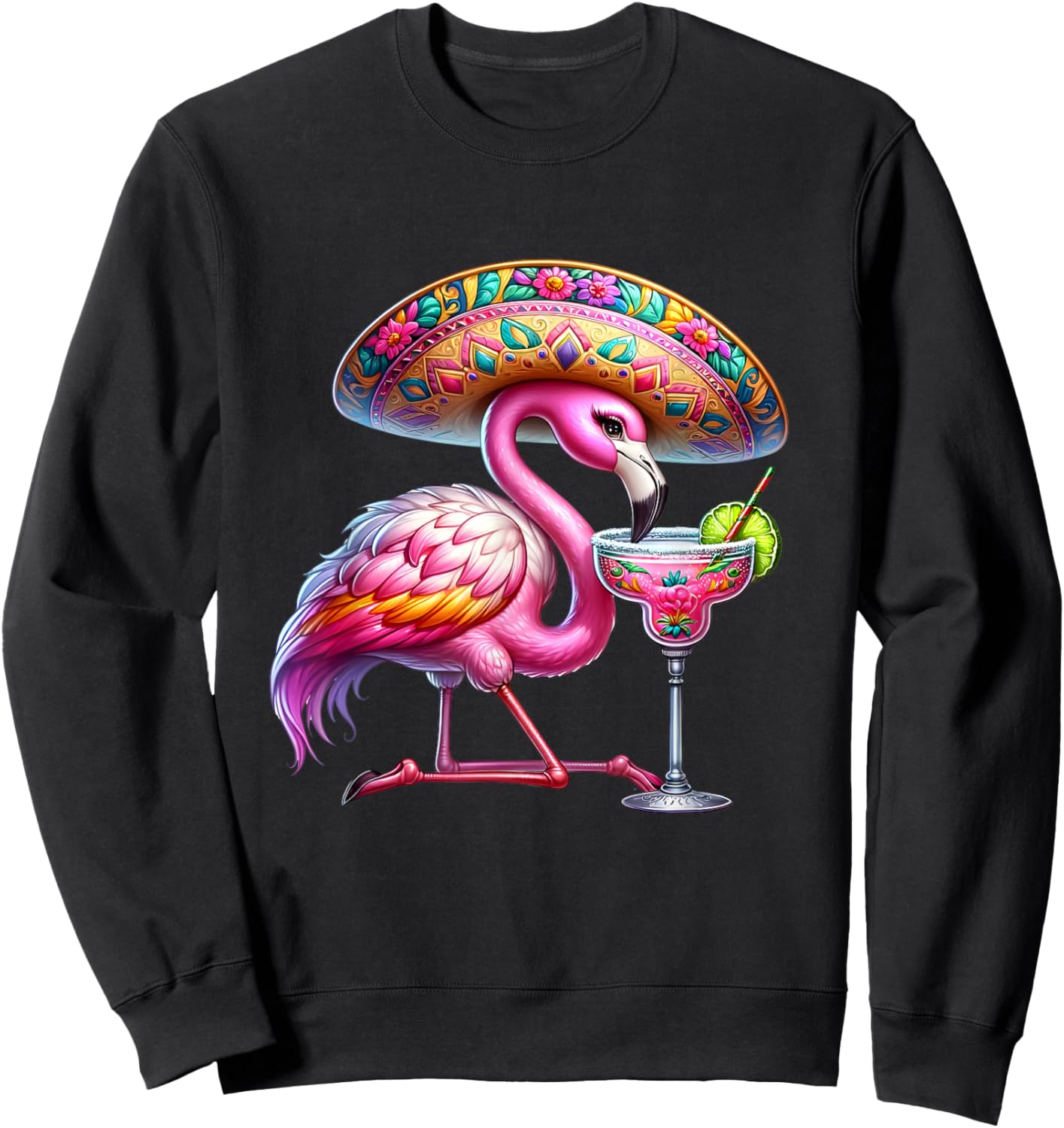 Pink Flamingo Drinking Margarita Cute Flamingo Cinco De Mayo Sweatshirt - Sweatshirt | Black