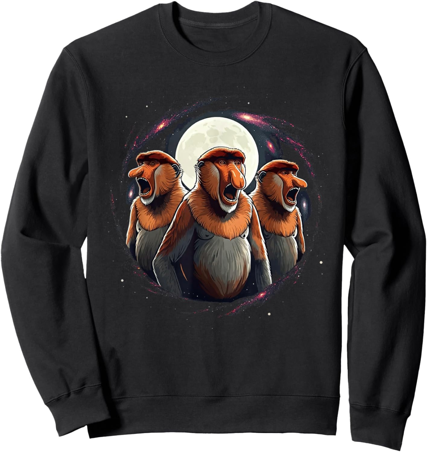 3 Proboscis Monkeys Moon Howling Funny Meme Men Women Kids Sweatshirt - Sweatshirt | Black