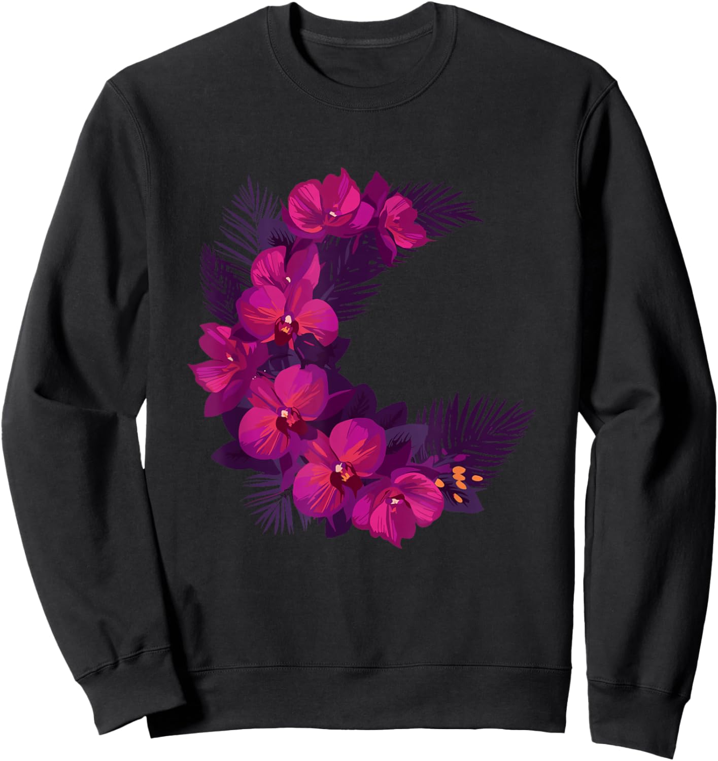 Croissant de Lune bohème avec orchidées Tropicales Violettes Sweatshirt - Sweatshirt | Black