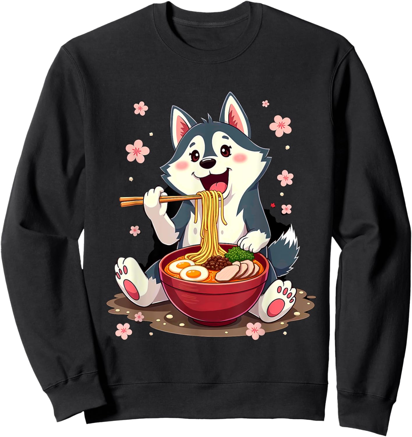 Otaku Husky Dog Ramen Noodles -Adult Anime Manga Kawaii Husky Dog Eating Ramen Black Small Classic Fit Short Sleeve Cotton Blend Machine Wash Sweatshirt - Sweatshirt | Black