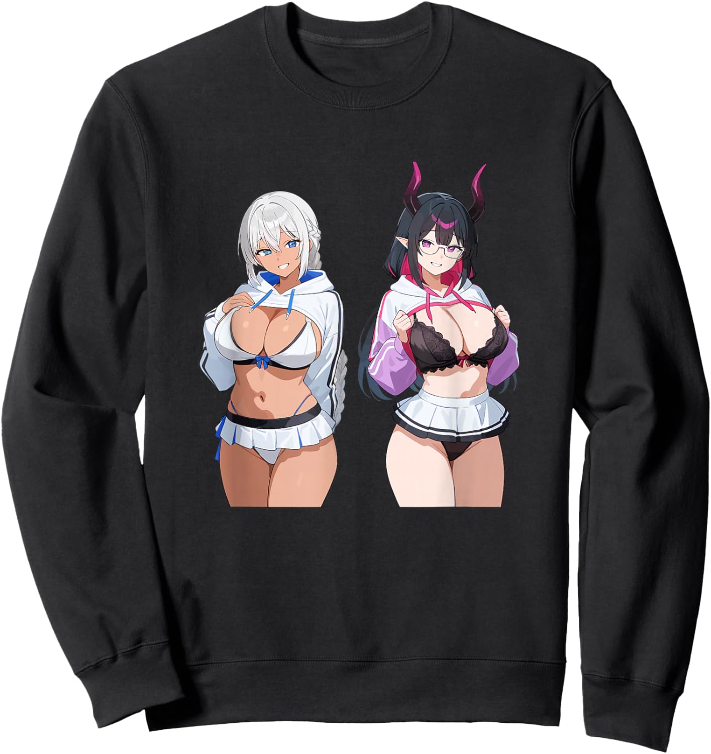 Waifu Sexy Anime Girl Horns Mini Skirt Japanese Retro Art Sweatshirt - Sweatshirt | Black