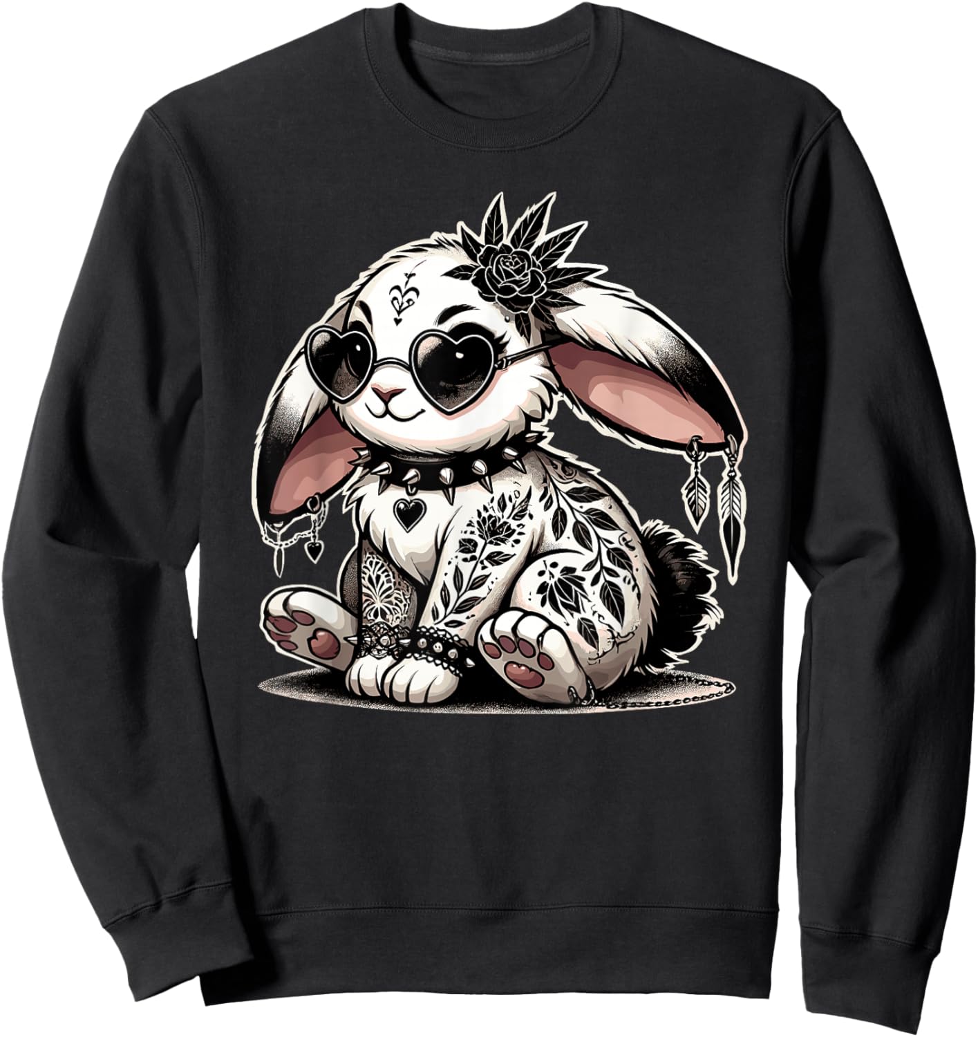 Gothic Bunny with Floral Punk Tattoos & Spiked Collar Sweatshirt - Sweatshirt | Black