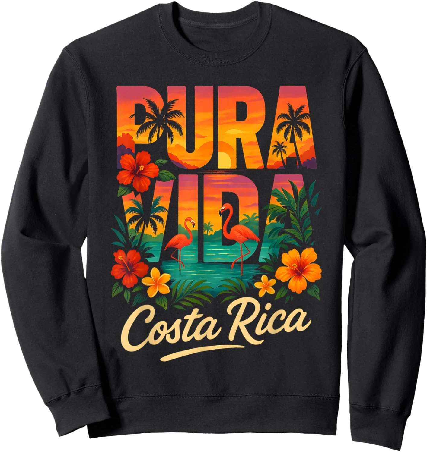Pura Vida Costa Rica Sunset Flamingos Sweatshirt - Sweatshirt | Black