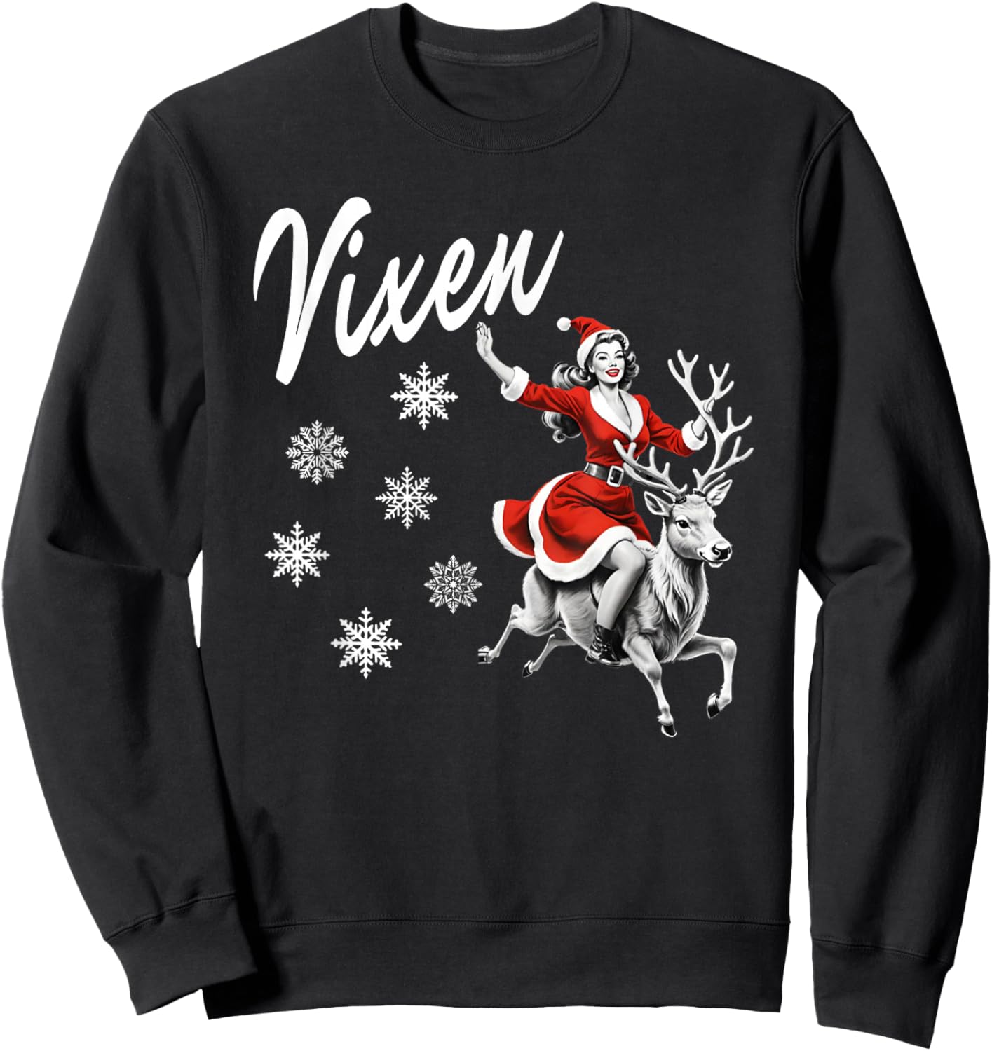 Vixen Reindeer Retro Sexy Pin Up Girl Funny Christmas Party Sweatshirt - Sweatshirt | Black