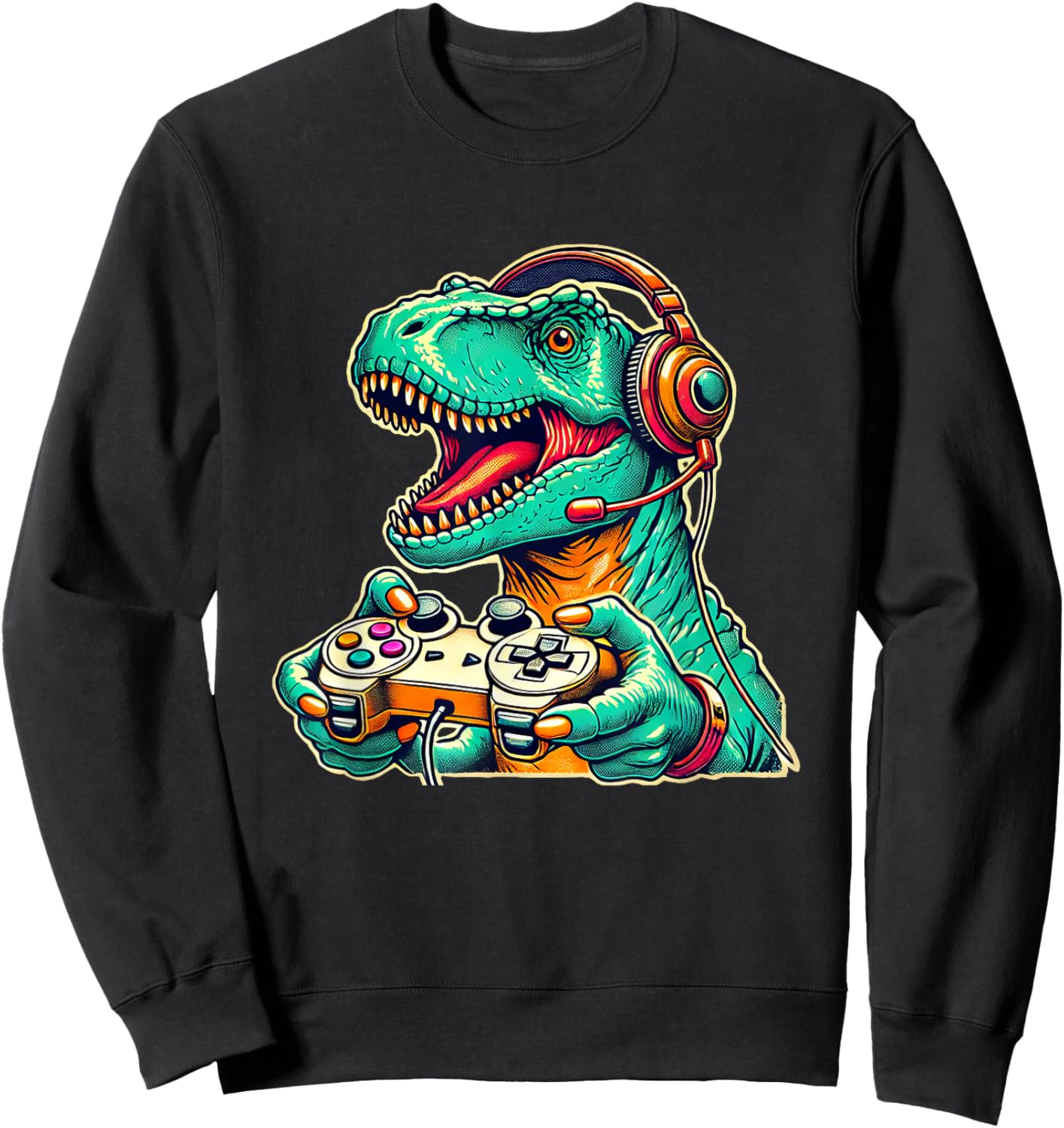 Cool Gamer Dino T-Rex Gamer Dinosaur Gaming Sweatshirt - Sweatshirt | Black