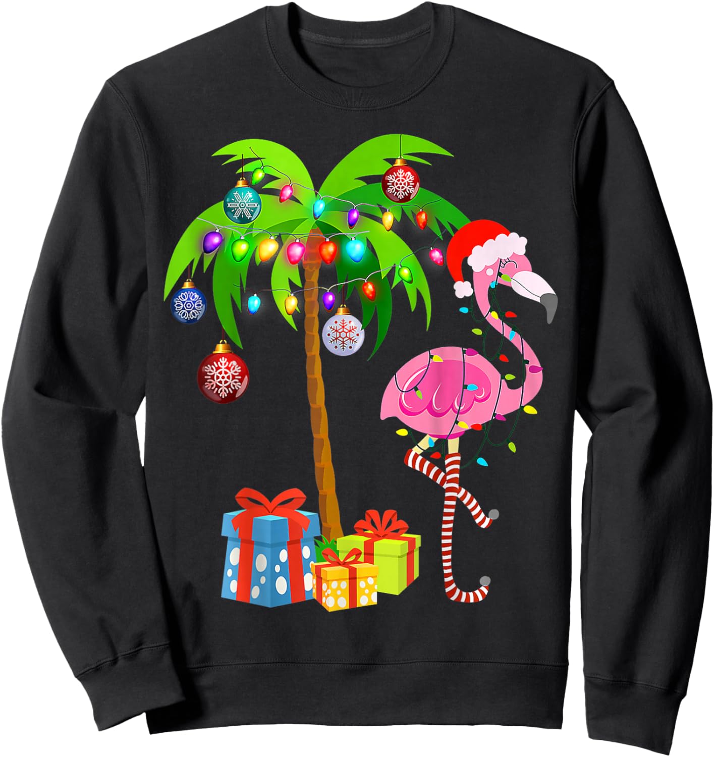 Pink Flamingo Christmas Palm Tree Tropical Xmas Holiday Sweatshirt - Sweatshirt | Black
