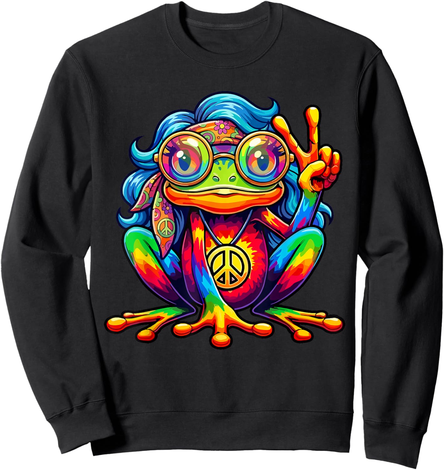 Hippie Tie-Dye Frog Girls Women Peace Sign 60s 70s Sweatshirt - Sweatshirt | Black