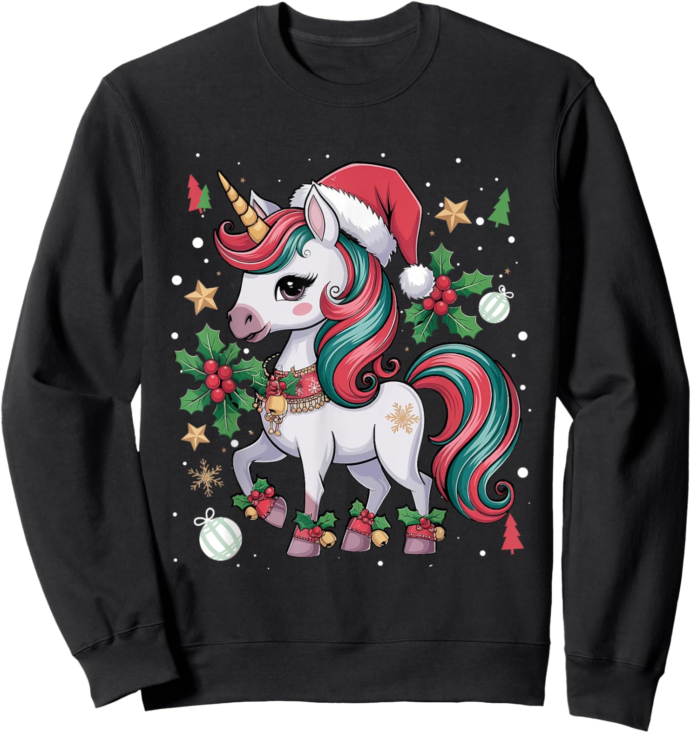 Merry Christmas Unicorn Girls Kid Toddler Xmas Unicorn Santa Sweatshirt - Sweatshirt | Black