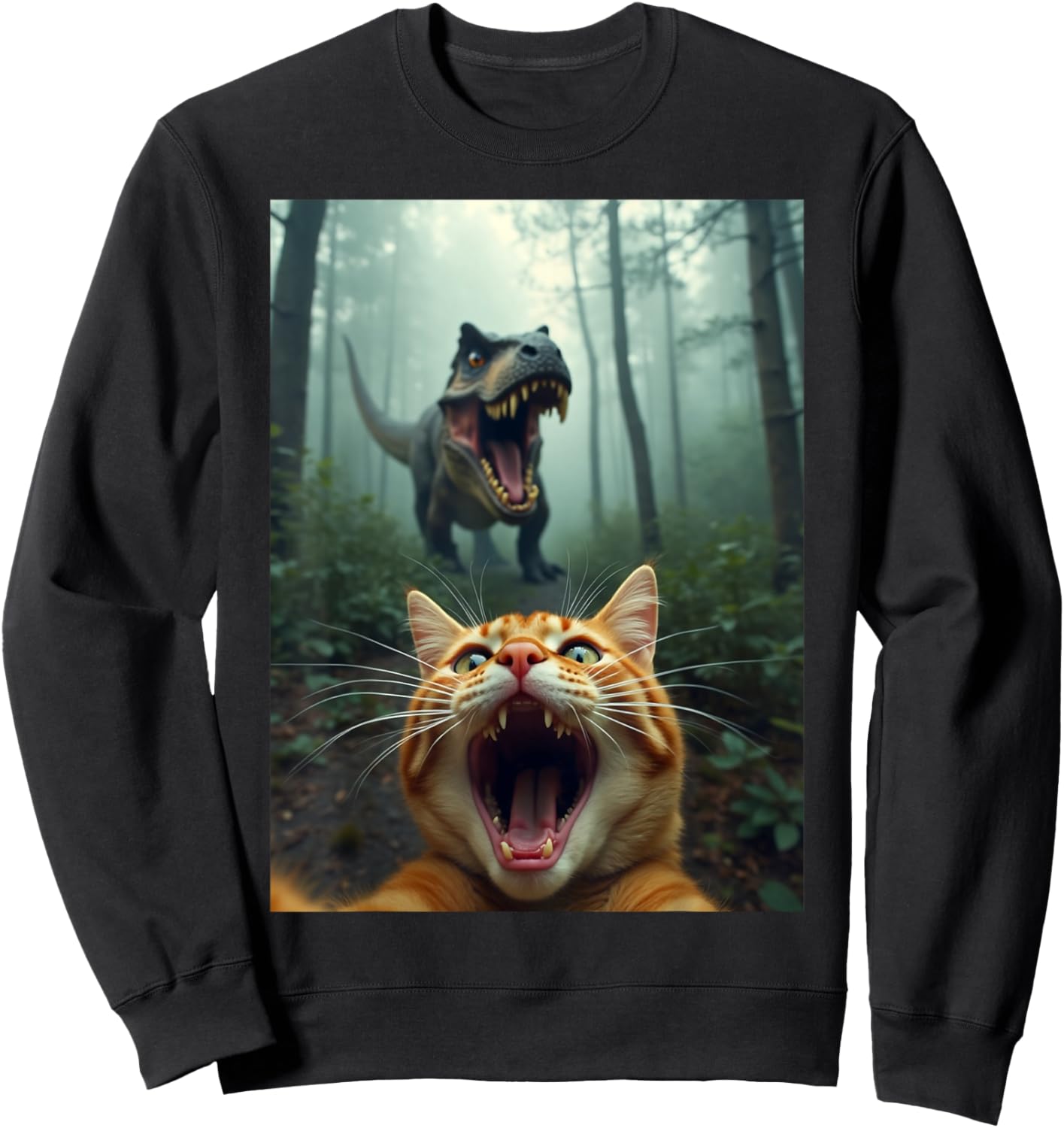 Cat Selfie with T-Rex Dinosaur Sweatshirt - Sweatshirt | Black