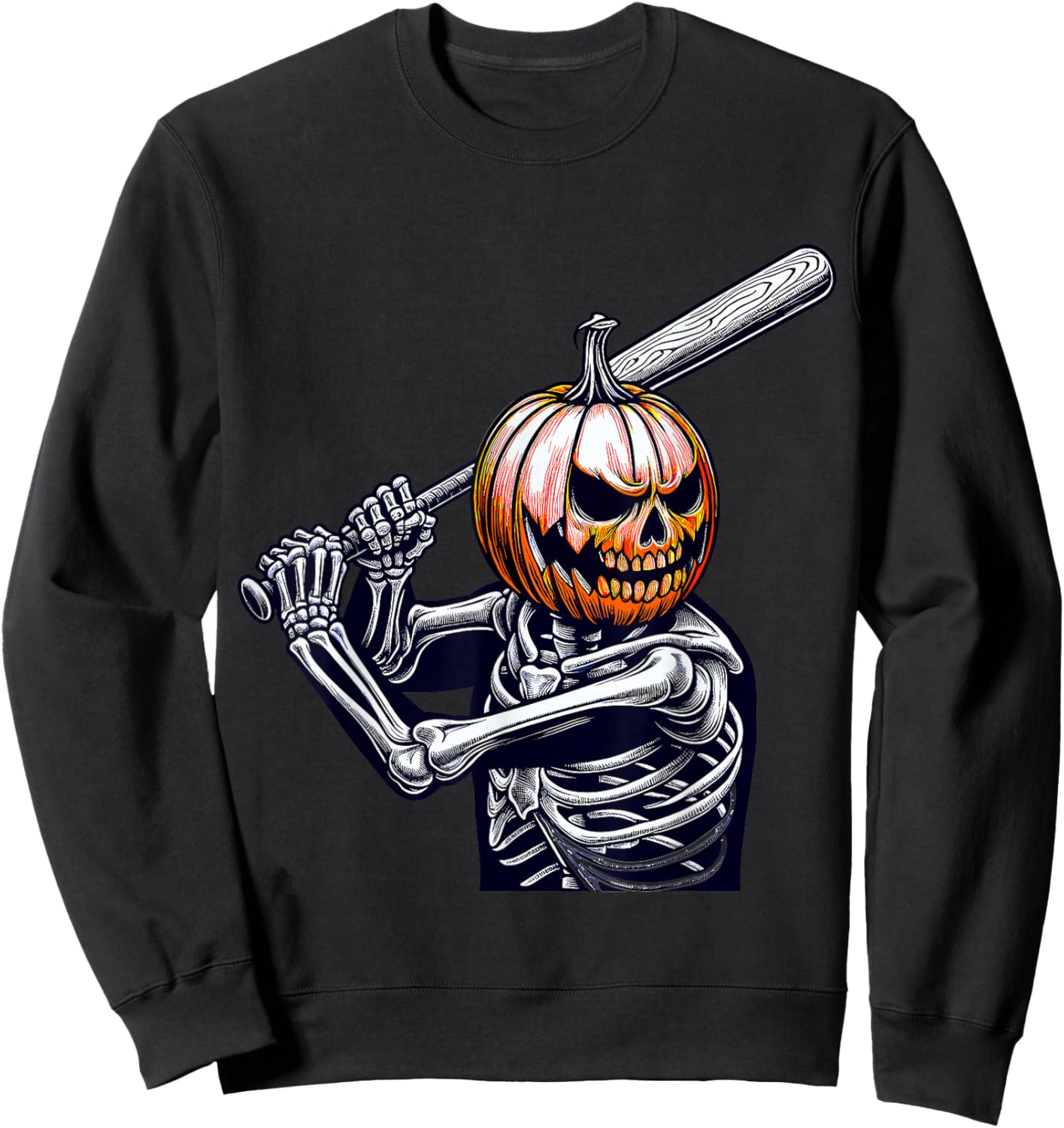 Pumpkin Skeleton playing Baseball Player Halloween Sweatshirt - Sweatshirt | Black