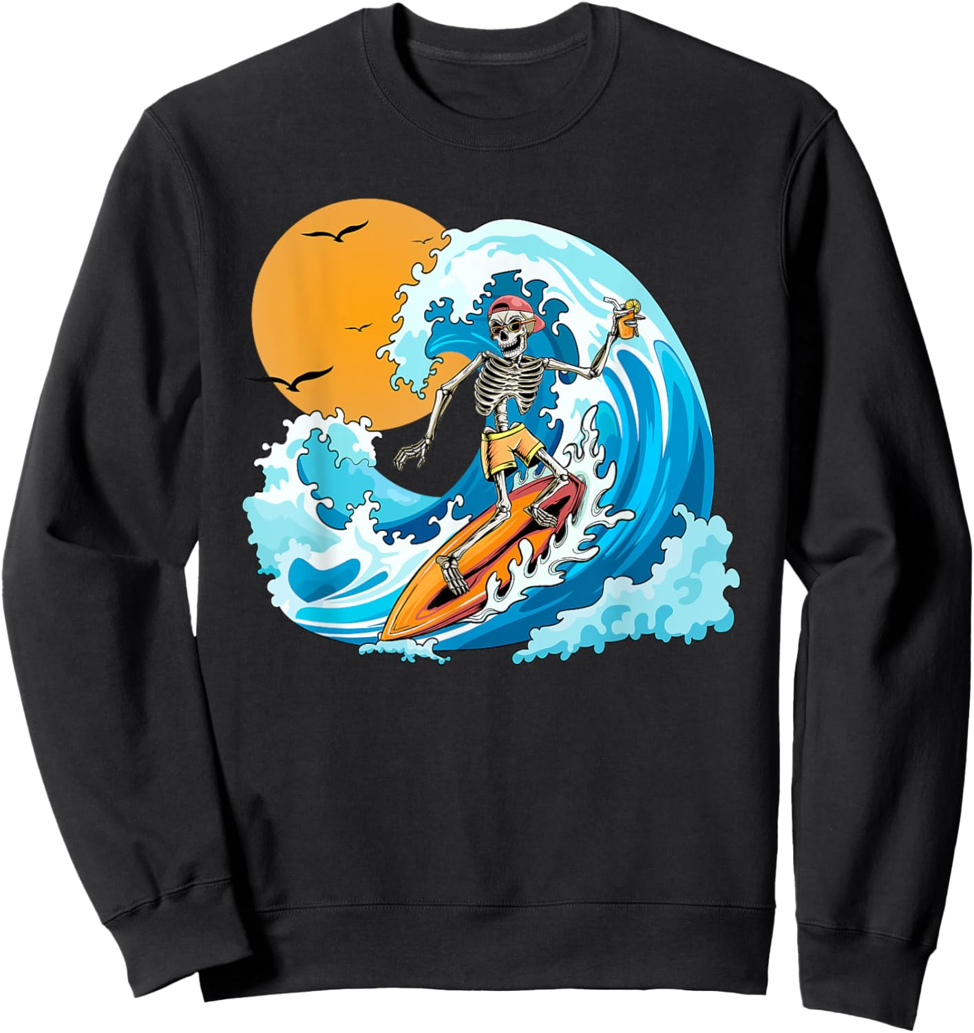 COOL Boy Summer Vacation Skeleton Surfing Hawaii Hawaiian Sweatshirt - Sweatshirt | Black