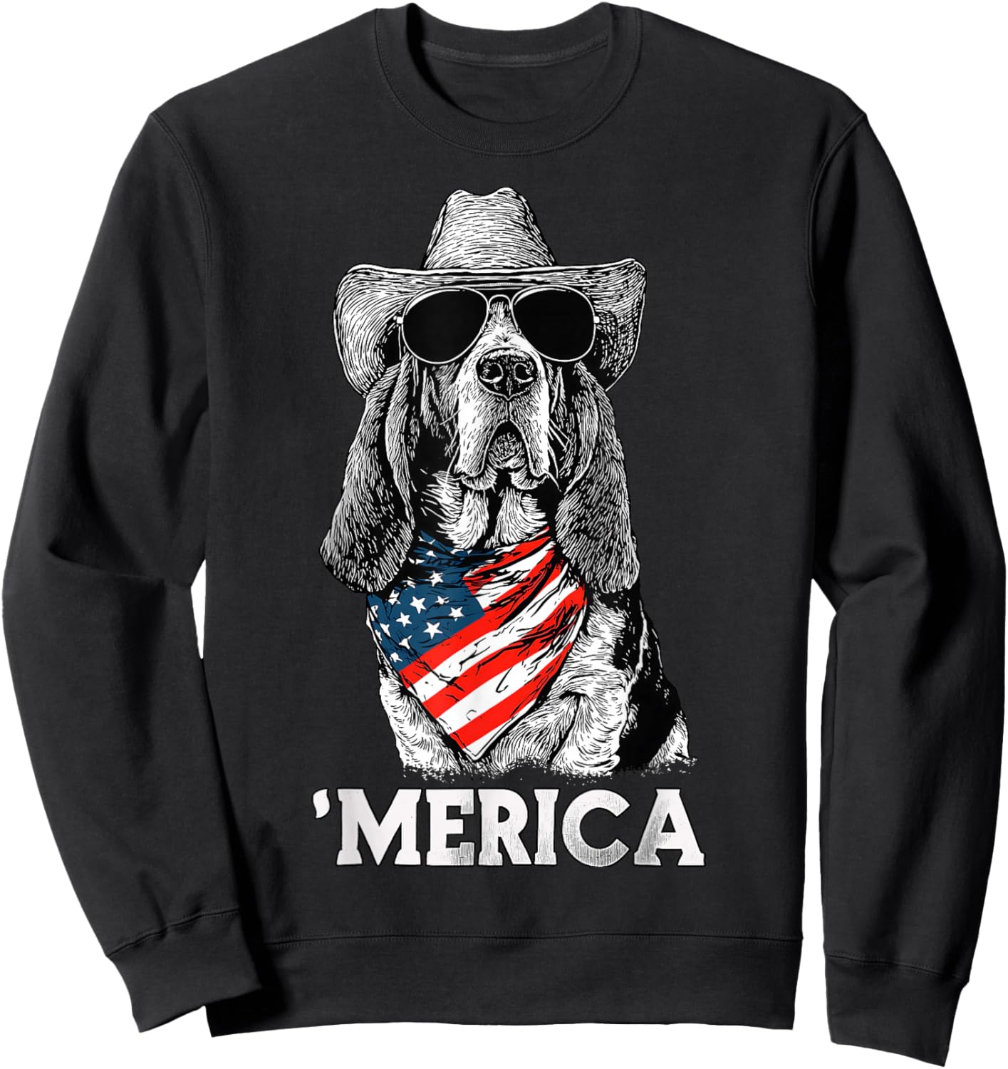 Basset Hound American Flag Bandana Cowboy Hat Sunglasses Sweatshirt - Sweatshirt | Black