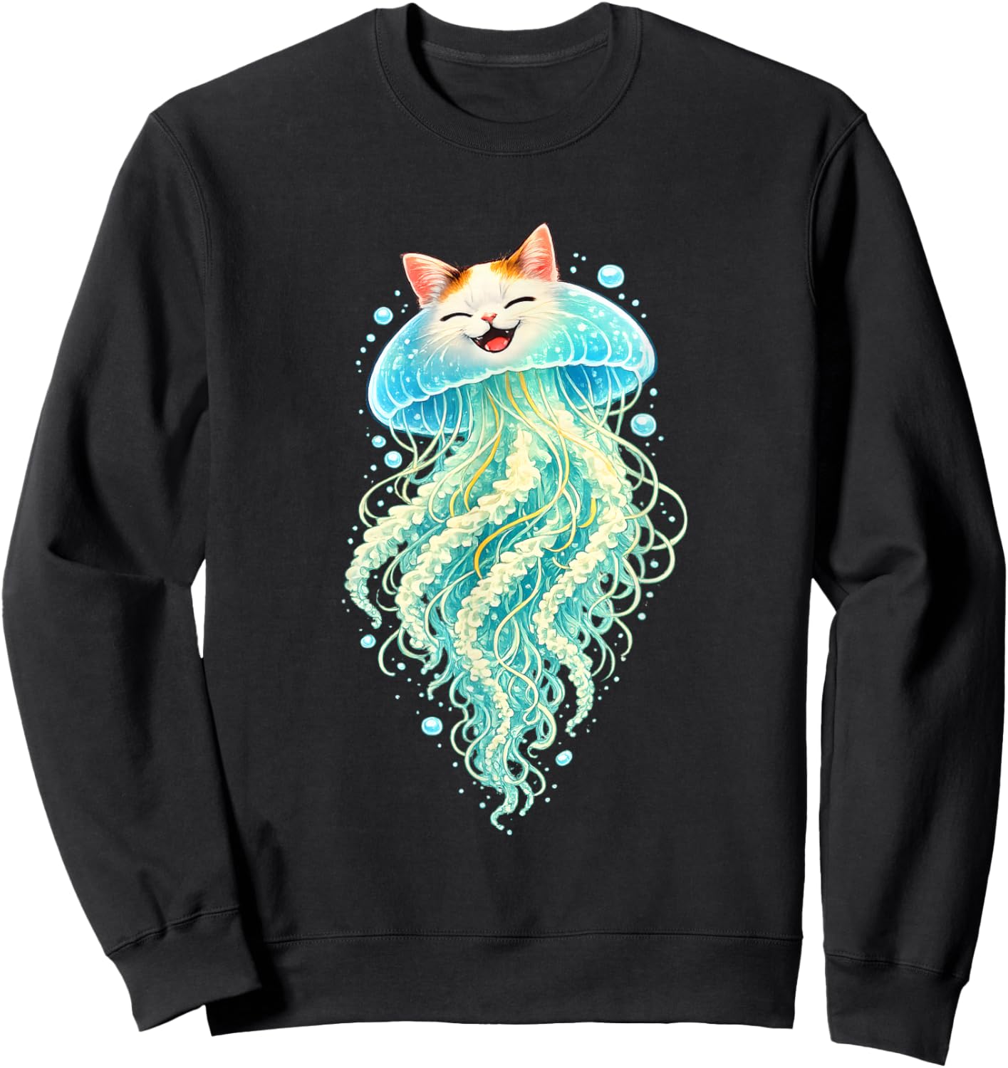 Jellyfish Cat Cute Surreal Ocean Cat Illustration Sweatshirt - Sweatshirt | Black