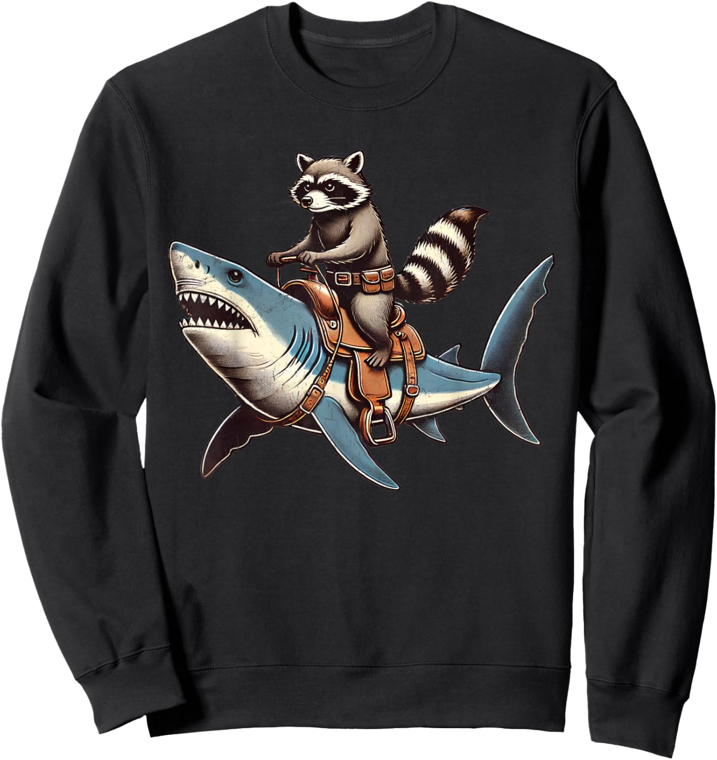 Vintage Raccoon Shark Rider Funny Retro Raccoon Riding Shark Sweatshirt - Sweatshirt | Black