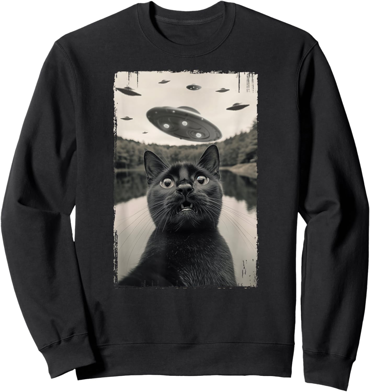 Retro Black Cat UFO Encounters - Funny UFO Black Cat Selfie Women Girls Kids Sweatshirt - Sweatshirt | Black