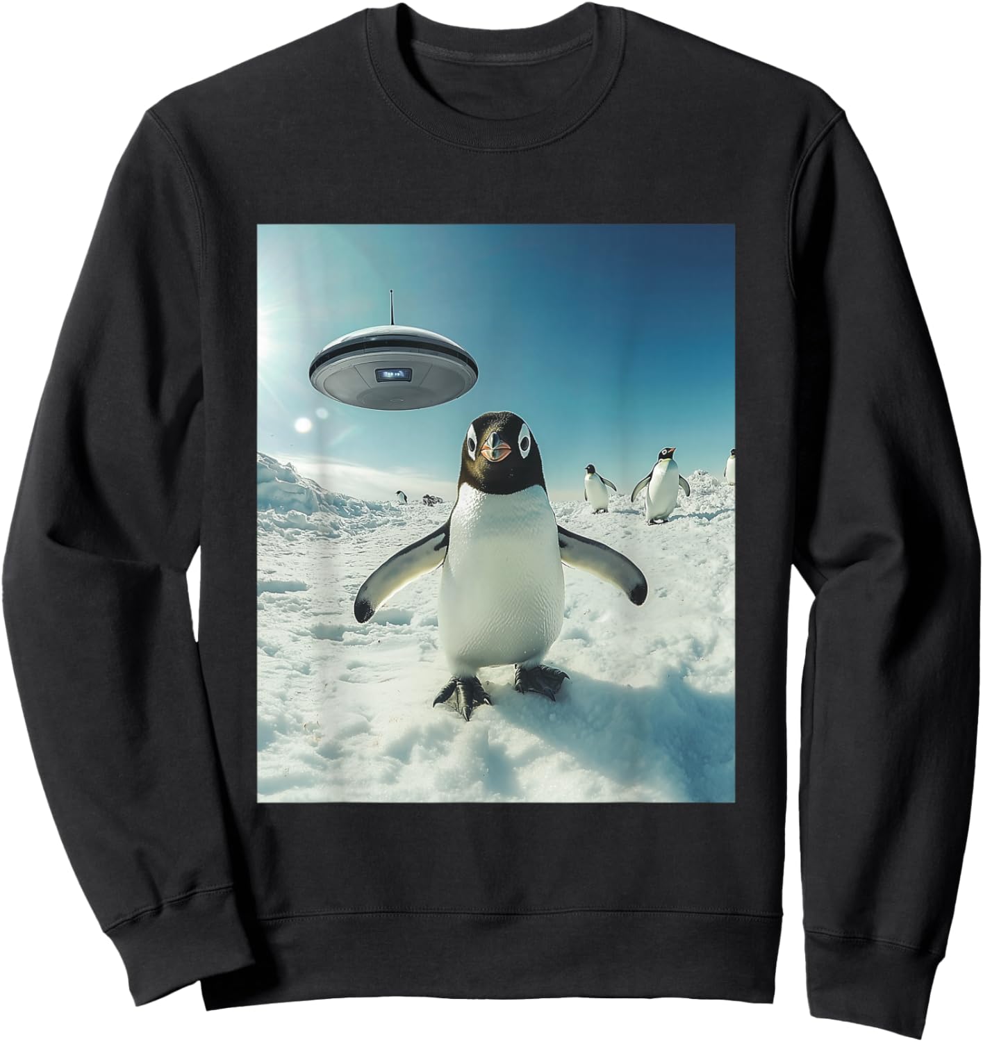 Penguin Bird Selfie with UFOs Aliens Funny Graphic Sweatshirt - Sweatshirt | Black