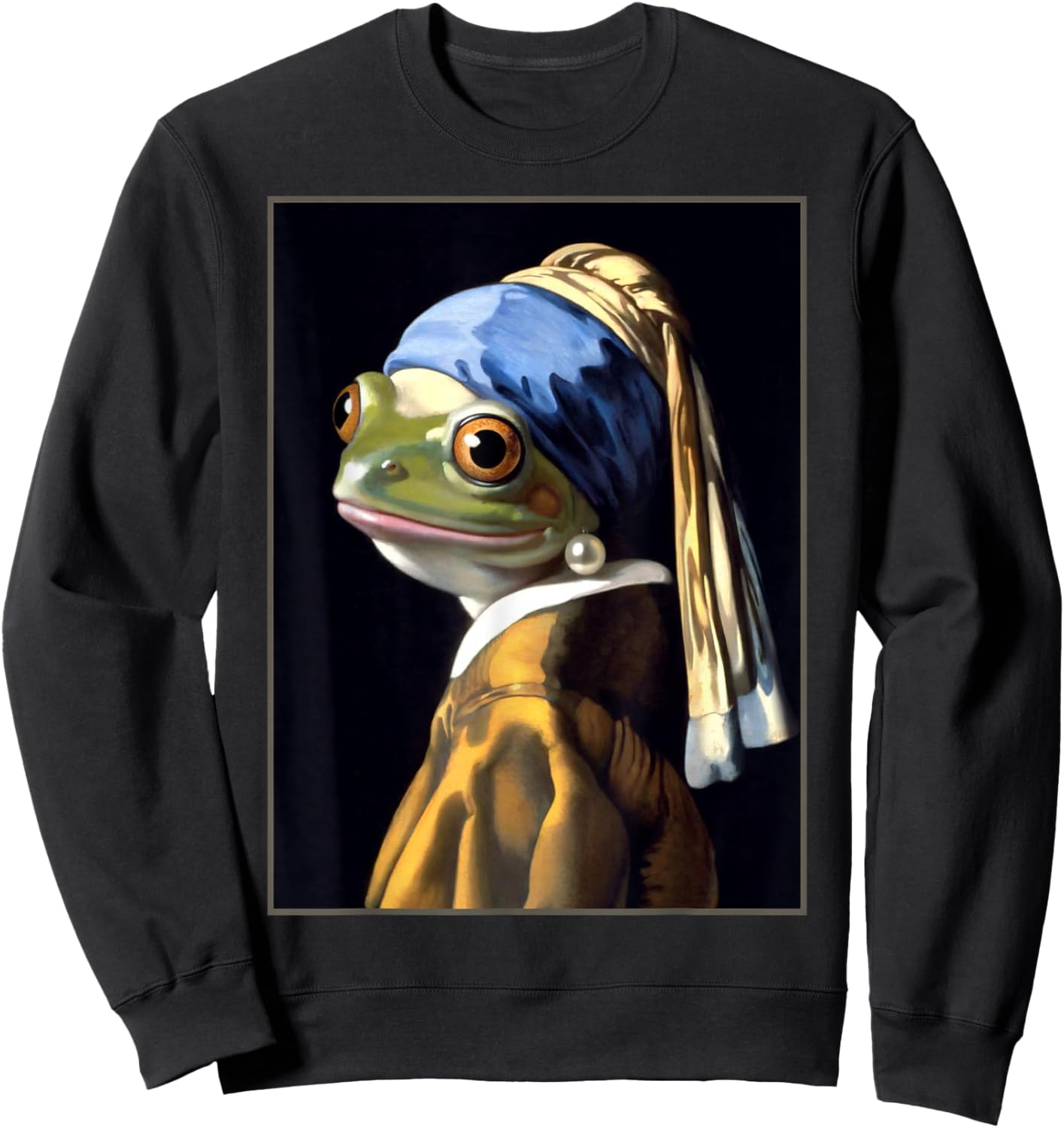Funny Frog Vermeer’s Girl with a Pearl Earring Parody Meme Sweatshirt - Sweatshirt | Black