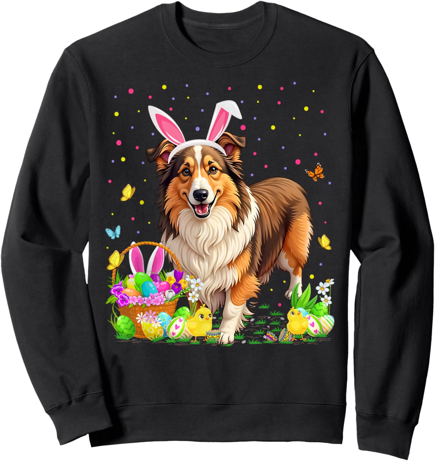 Sheltie Dog Easter Egg Hunt Bunny Ear Sheltie Easter Sweatshirt - Sweatshirt | Black