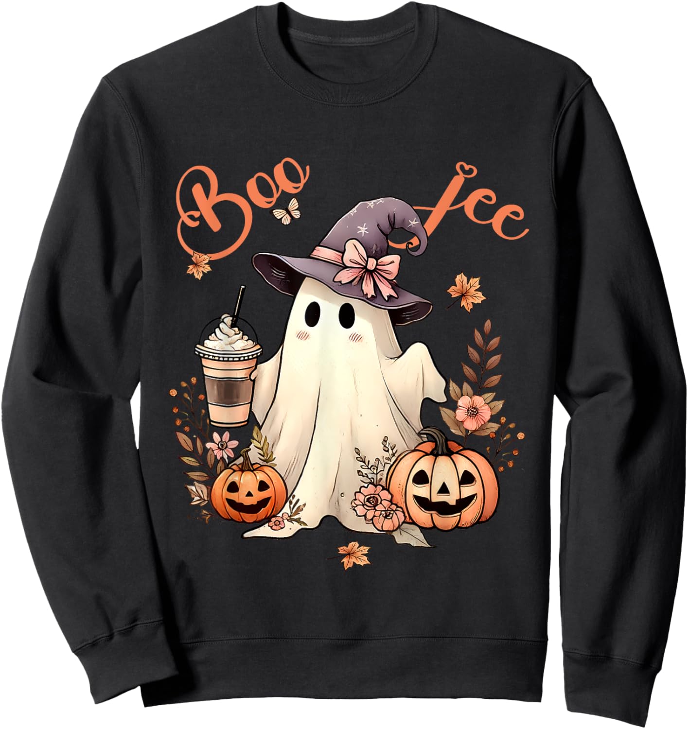 Boo Jee Ghost Drinking Coffee Coquette Bow Halloween Women Sweatshirt - Sweatshirt | Black