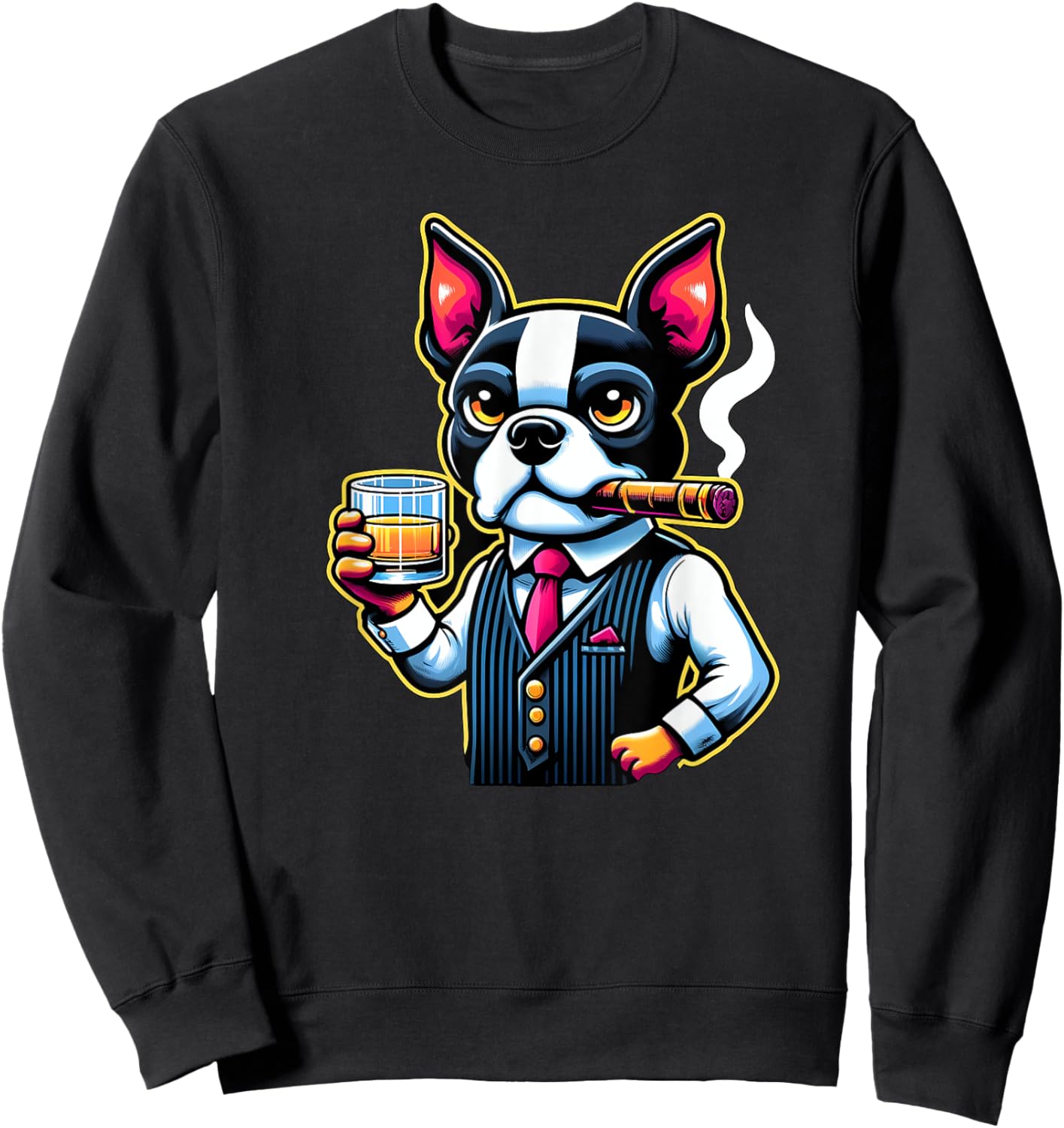Boston Terrier dog Cigar And Whiskey Men Women Sweatshirt - Sweatshirt | Black