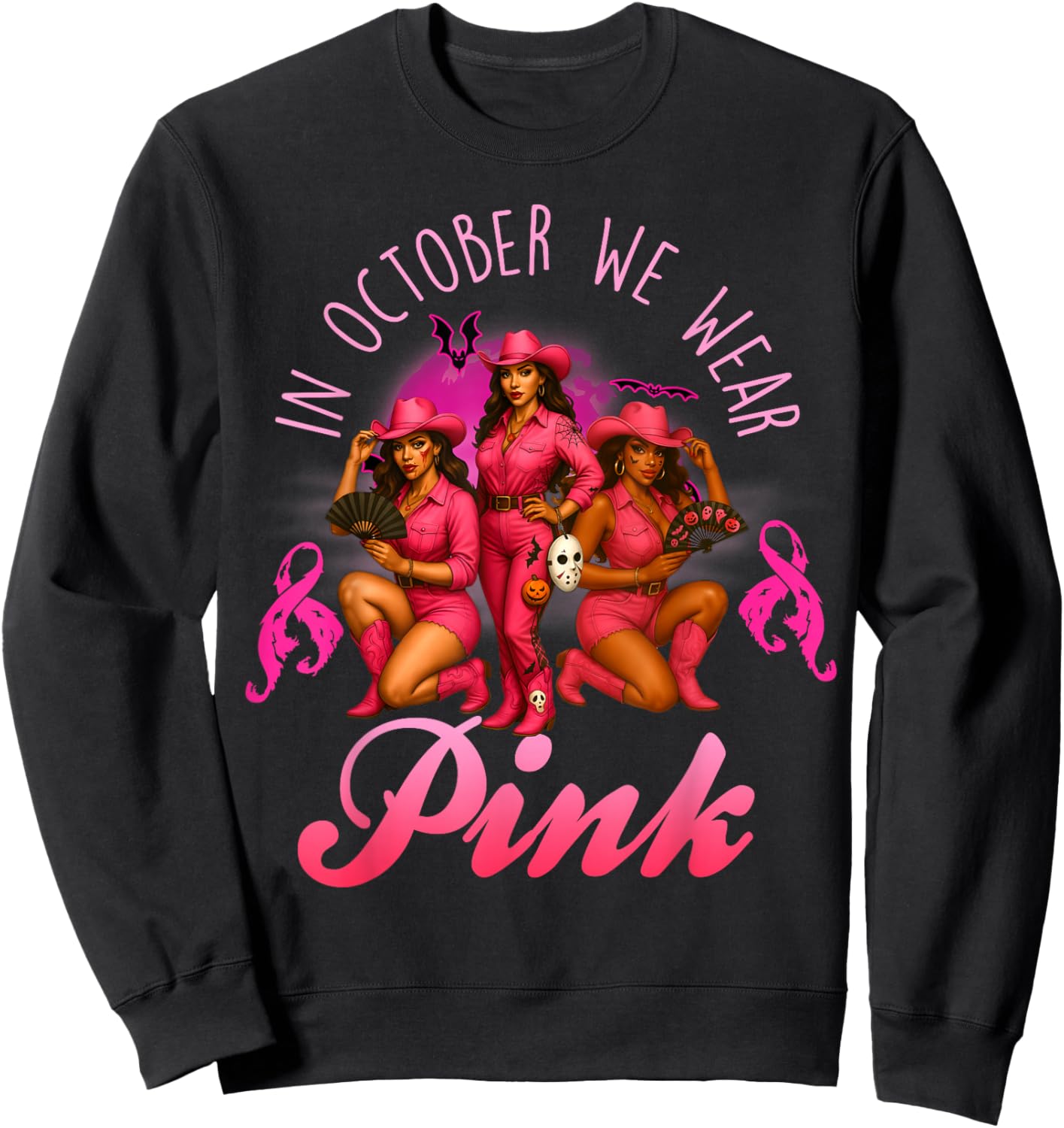 in October We Wear Pink Breast Cancer Halloween Cowgirl Sweatshirt - Sweatshirt | Black
