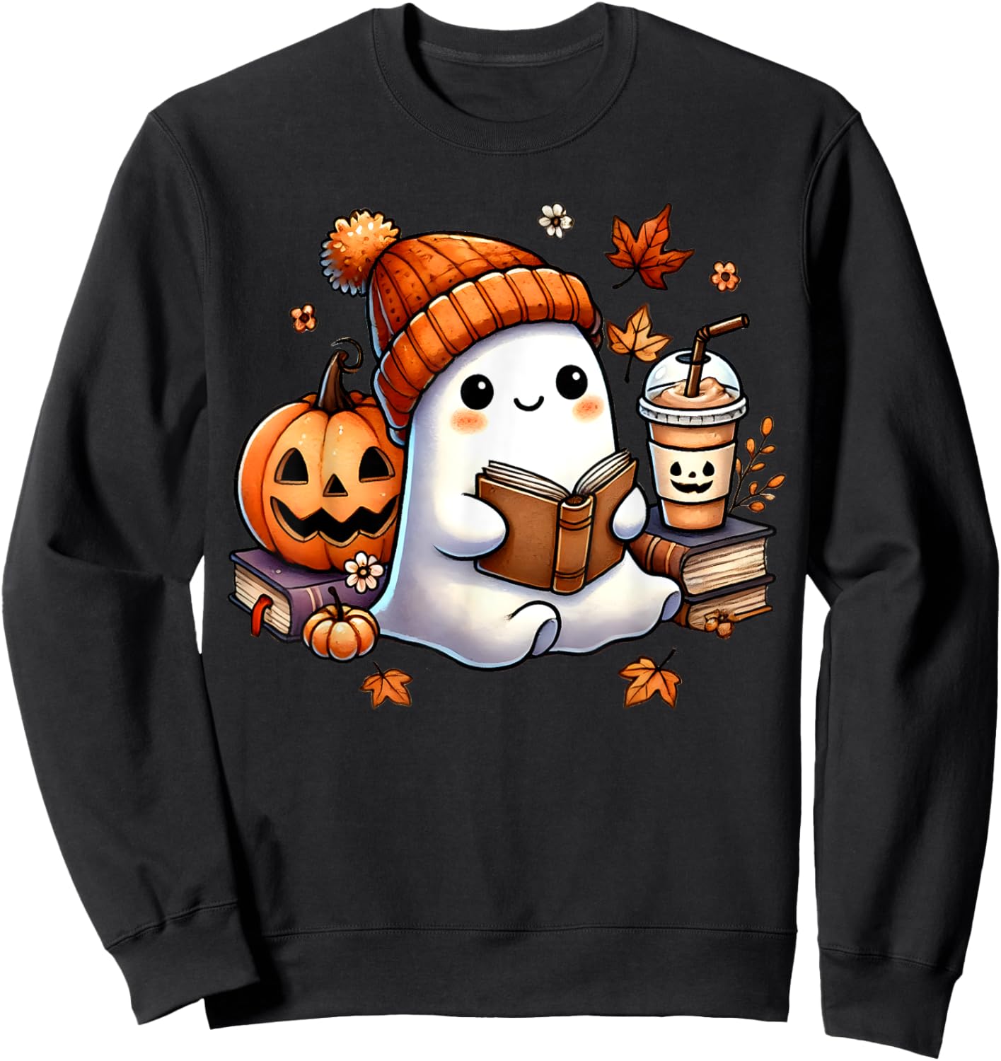 Cute Ghost Reading Book Lovers Halloween Ghost Coffee Women Sweatshirt - Sweatshirt | Black