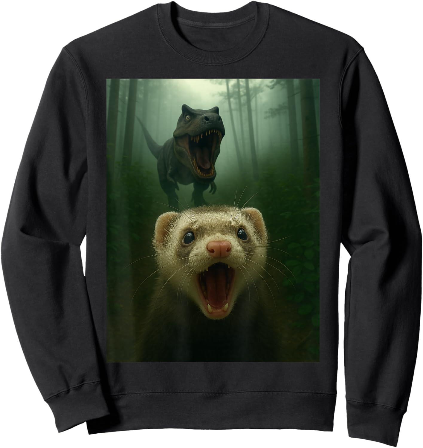Funny Ferret Selfie with T-Rex Dinosaur Gifts Men Women Kid Sweatshirt - Sweatshirt | Black