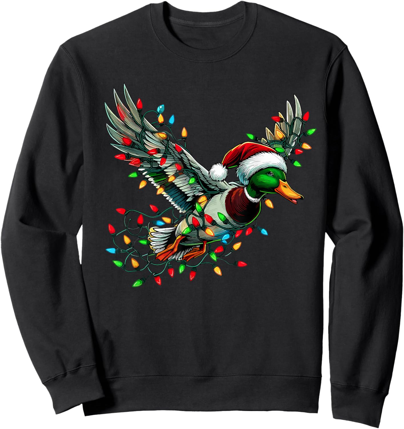 Flying Santa Duck with Christmas Lights Hunting Season Sweatshirt - Sweatshirt | Black