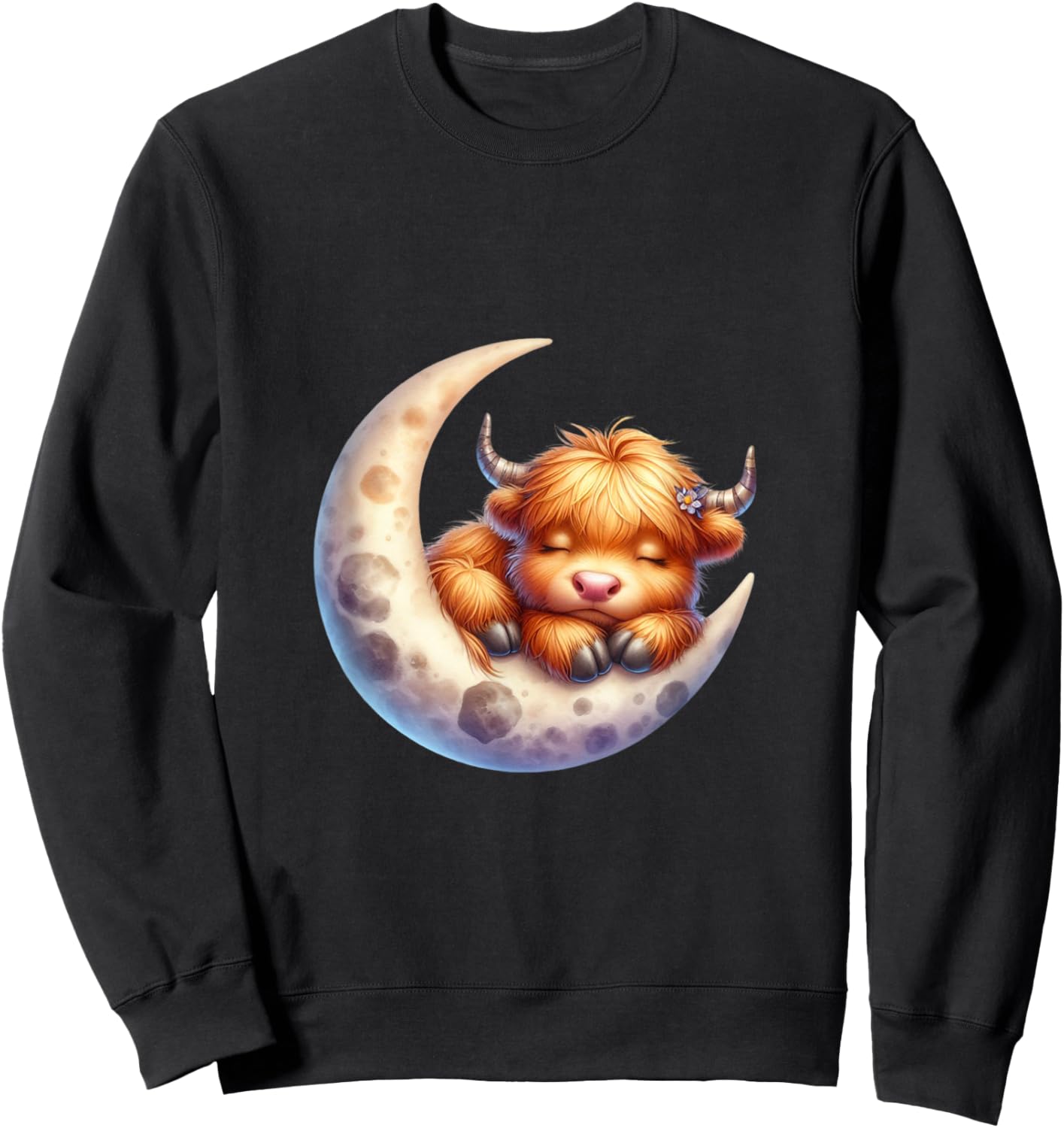 Cute Baby Highland Cow Sleeping on the Moon Heifer Farm Sweatshirt - Sweatshirt | Black