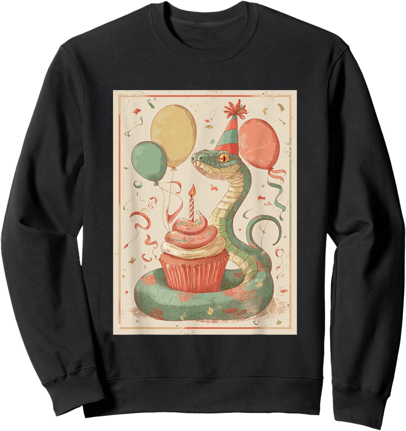 Snake Retro Art Print Birthday Party Balloons & Cupcake Sweatshirt - Sweatshirt | Black