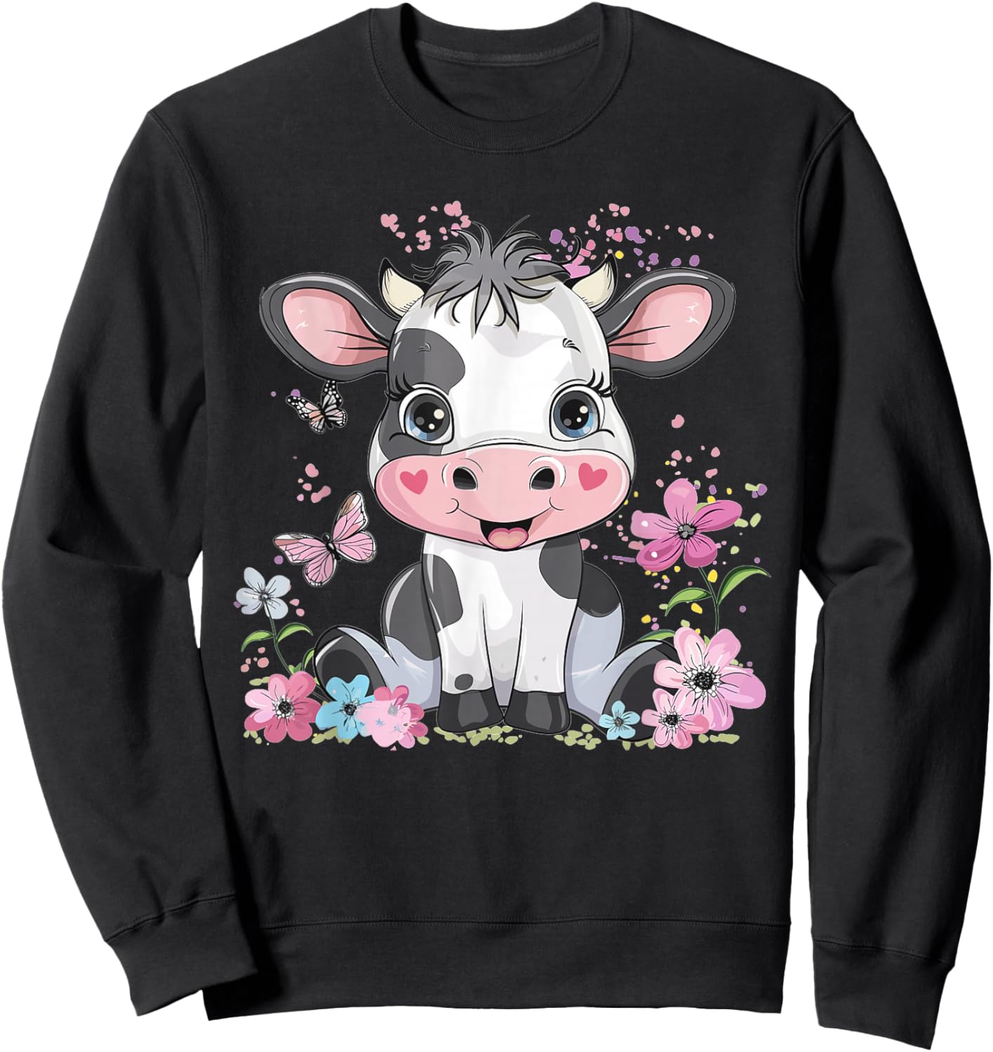 Cute Cow with Flowers I Kids Cow Sweatshirt - Sweatshirt | Black