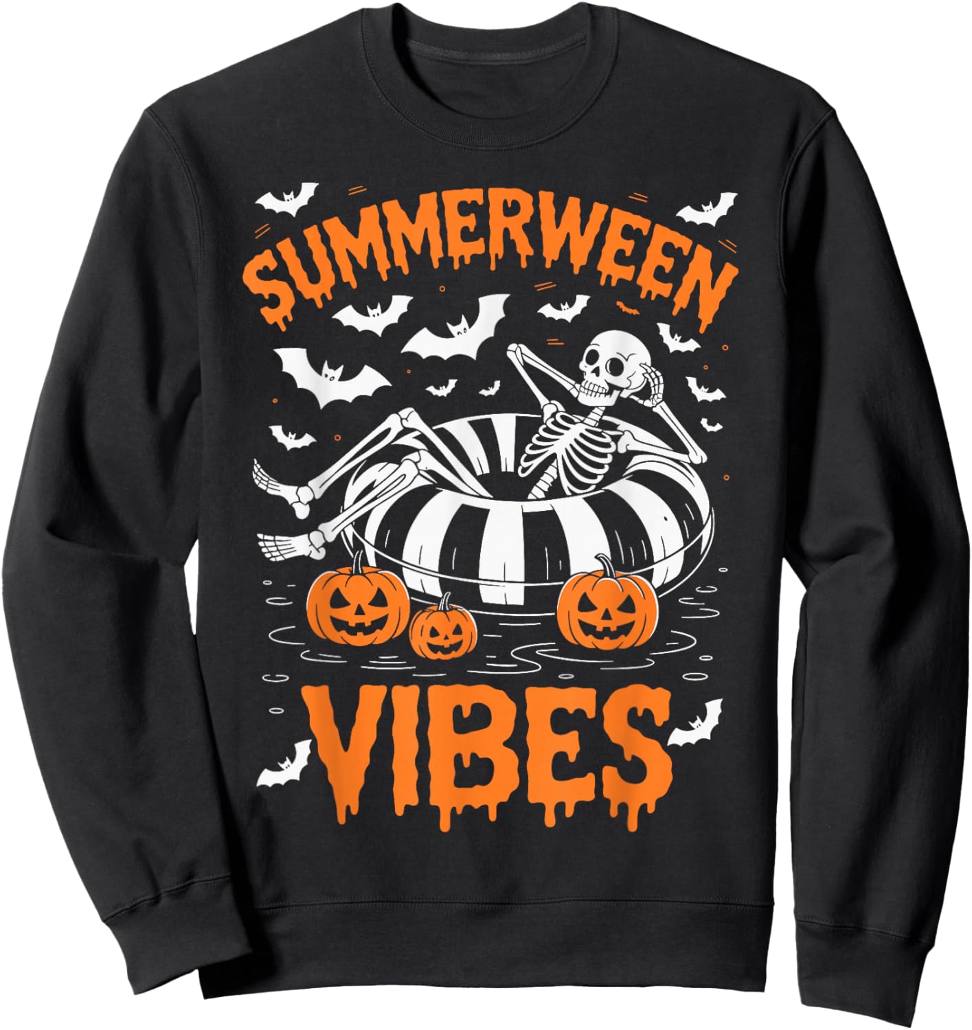Summerween Vibes Skeleton Floating Pool Pumpkin Halloween Sweatshirt - Sweatshirt | Black