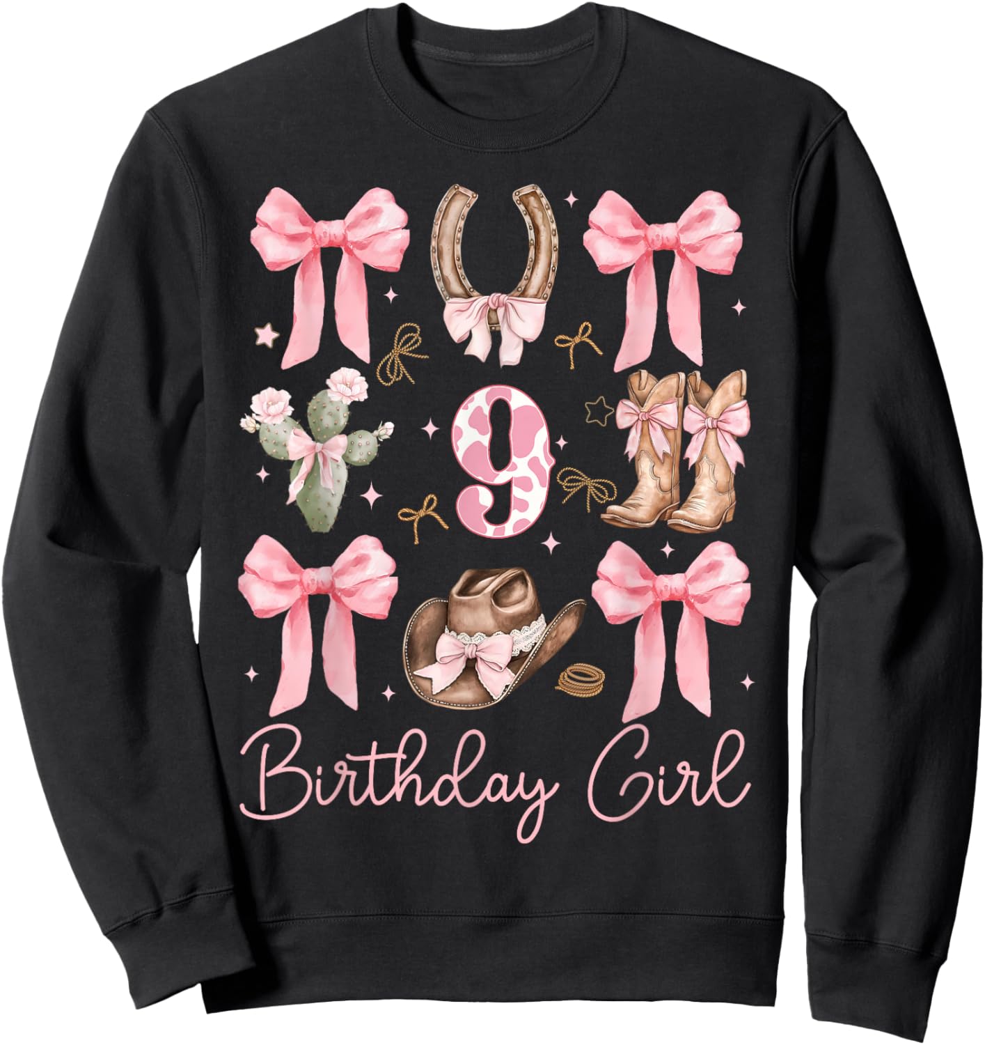 9th Birthday Girl Cowgirl Coquette Bow 9 Year Old Western Sweatshirt - Sweatshirt | Black