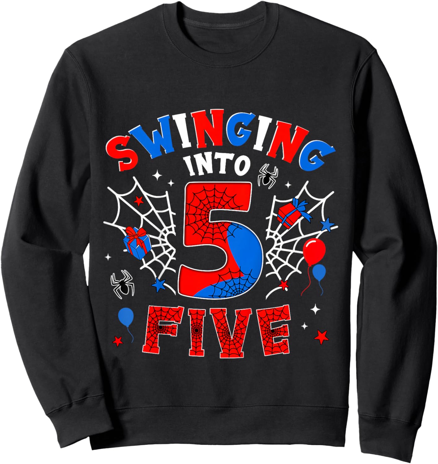 Kids Swinging Into Three 5th Birthday Spiders 5 Year Old Boys Sweatshirt - Sweatshirt | Black